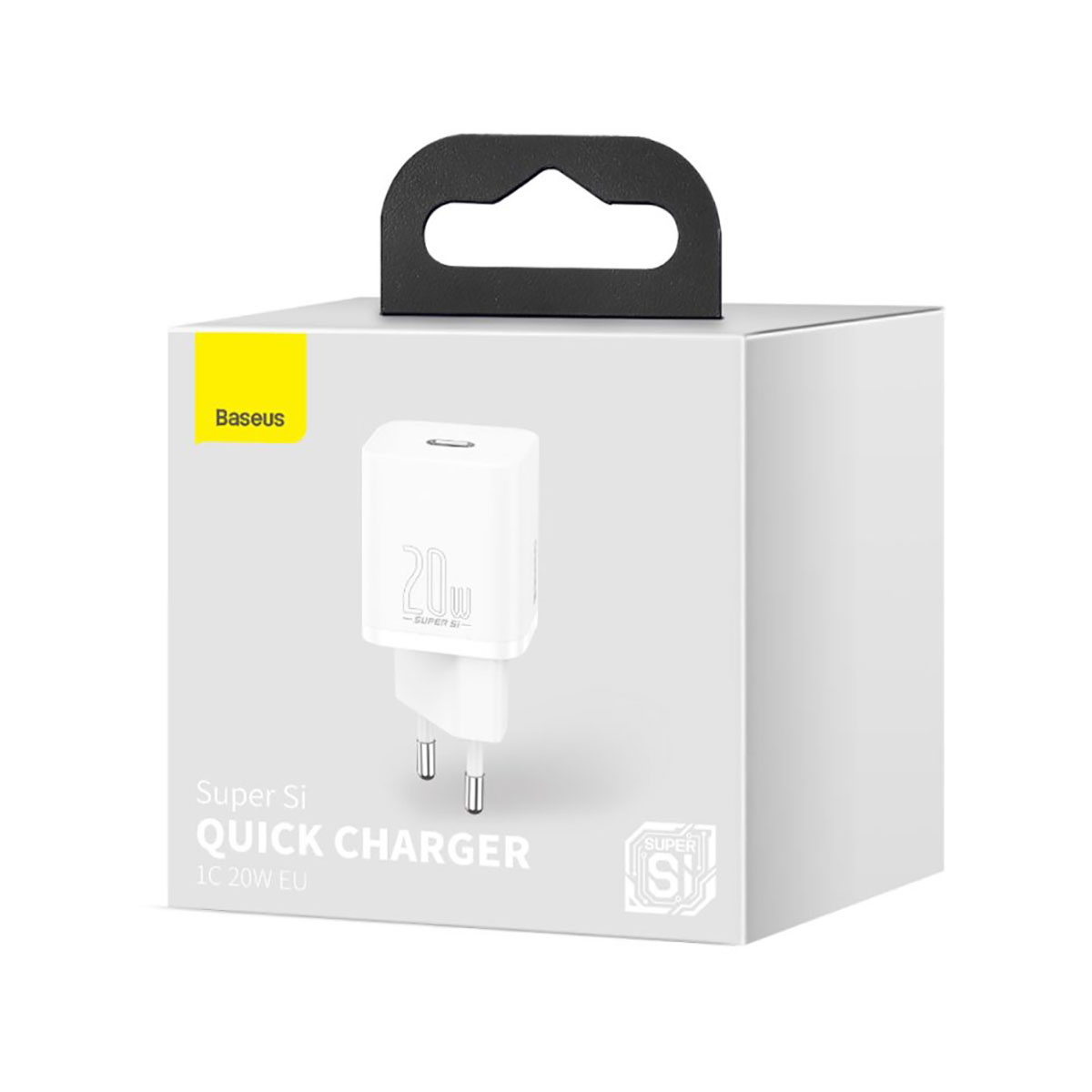 Białe pudełko ładowarki Baseus Super Si Quick Charger. Pokazuje 20W, wtyczkę EU i logo Baseus.