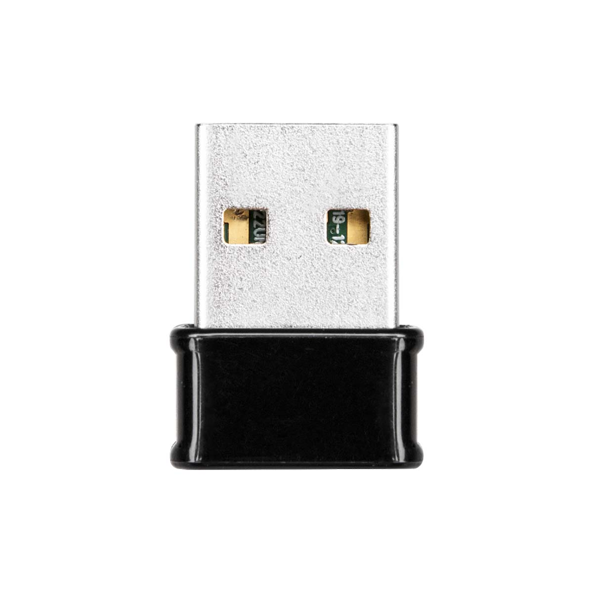 USB receiver, silver and black. The front has two labeled areas. The back has a label.
