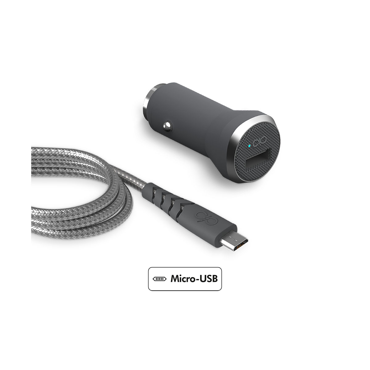 Ein graues Autoladegerät mit Kabel und Micro-USB-Etikett auf weißem Hintergrund.