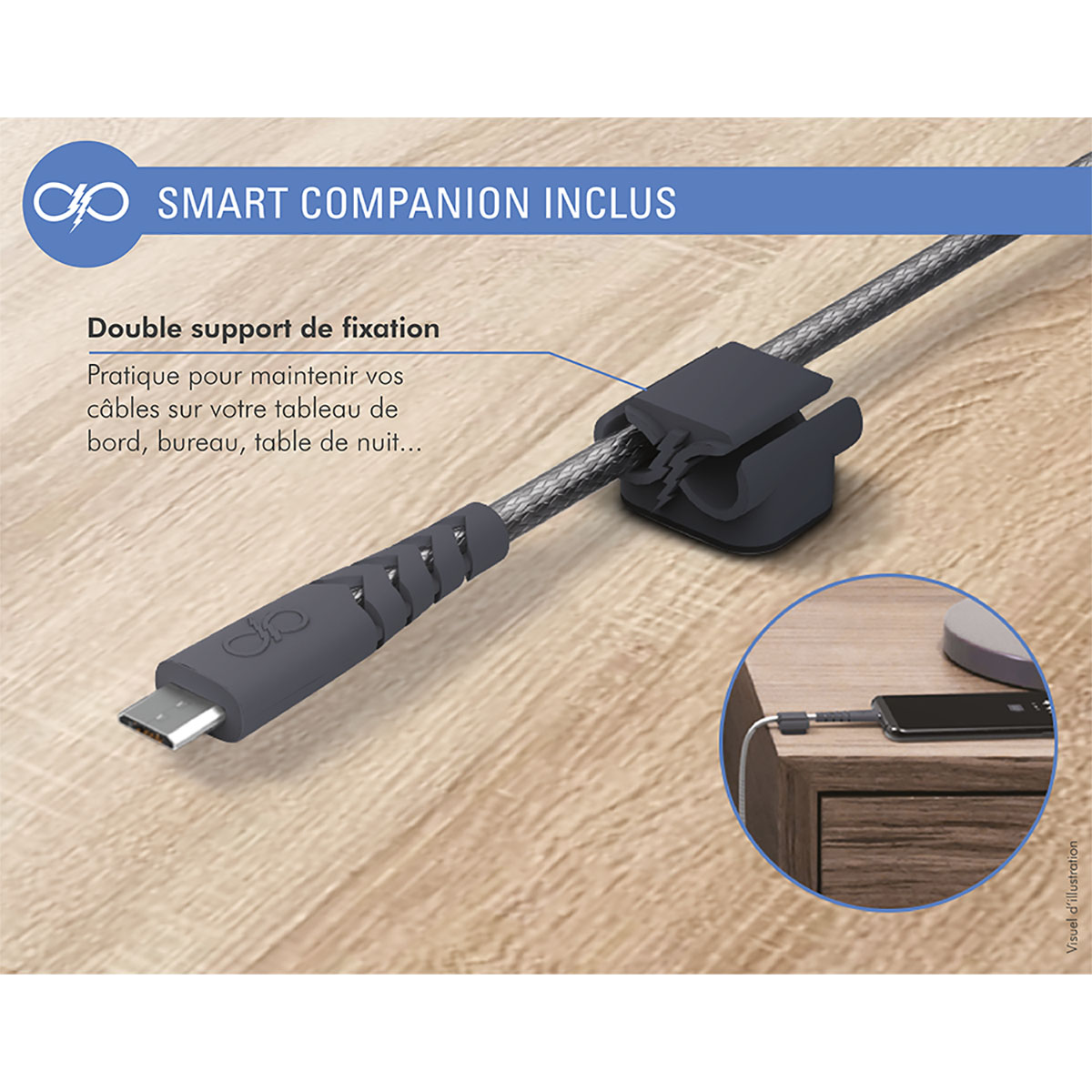 Ein schwarzes Kabel mit USB-C-Ende und Halteclip. Text zur Befestigung von Kabeln am Schreibtisch.