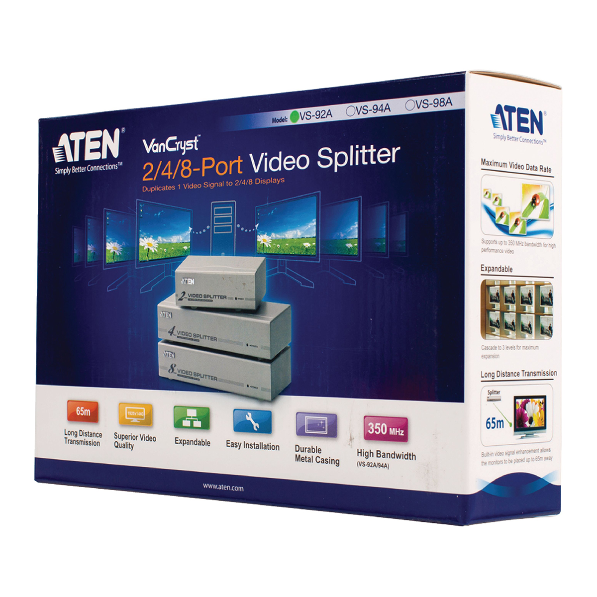 Box for a video splitter. It displays the product and its features with diagrams and text.