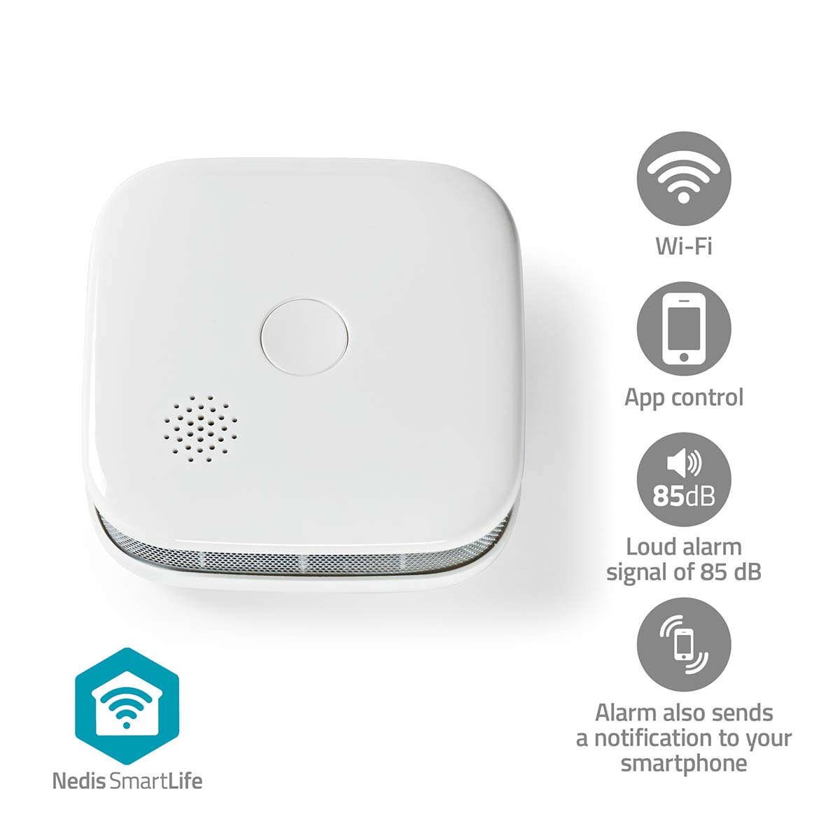 Weißes quadratisches Smart-Home-Gerät. Bietet WLAN, App-Steuerung und lauten Alarm.