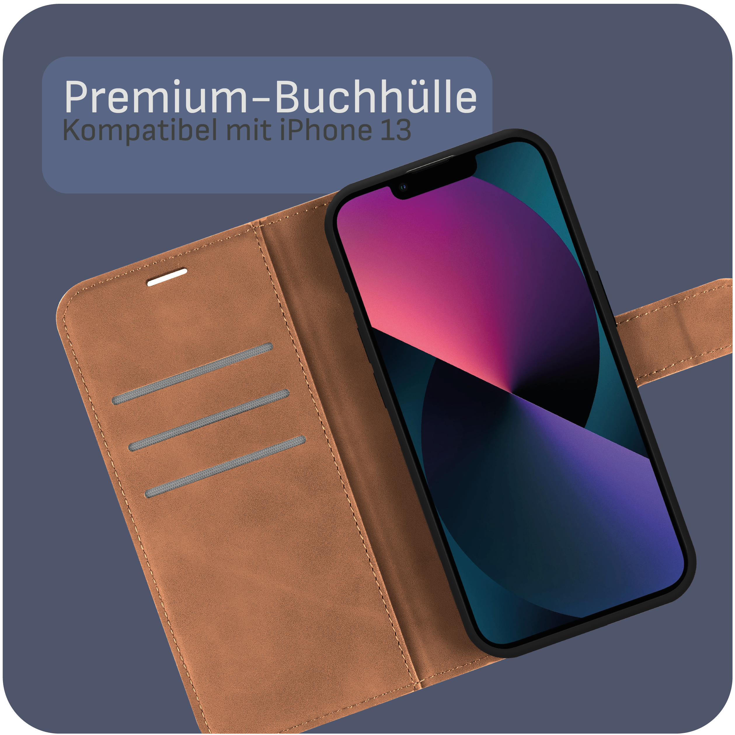 Braune Handyhülle mit Telefon, geöffnet, um den Bildschirm zu zeigen.