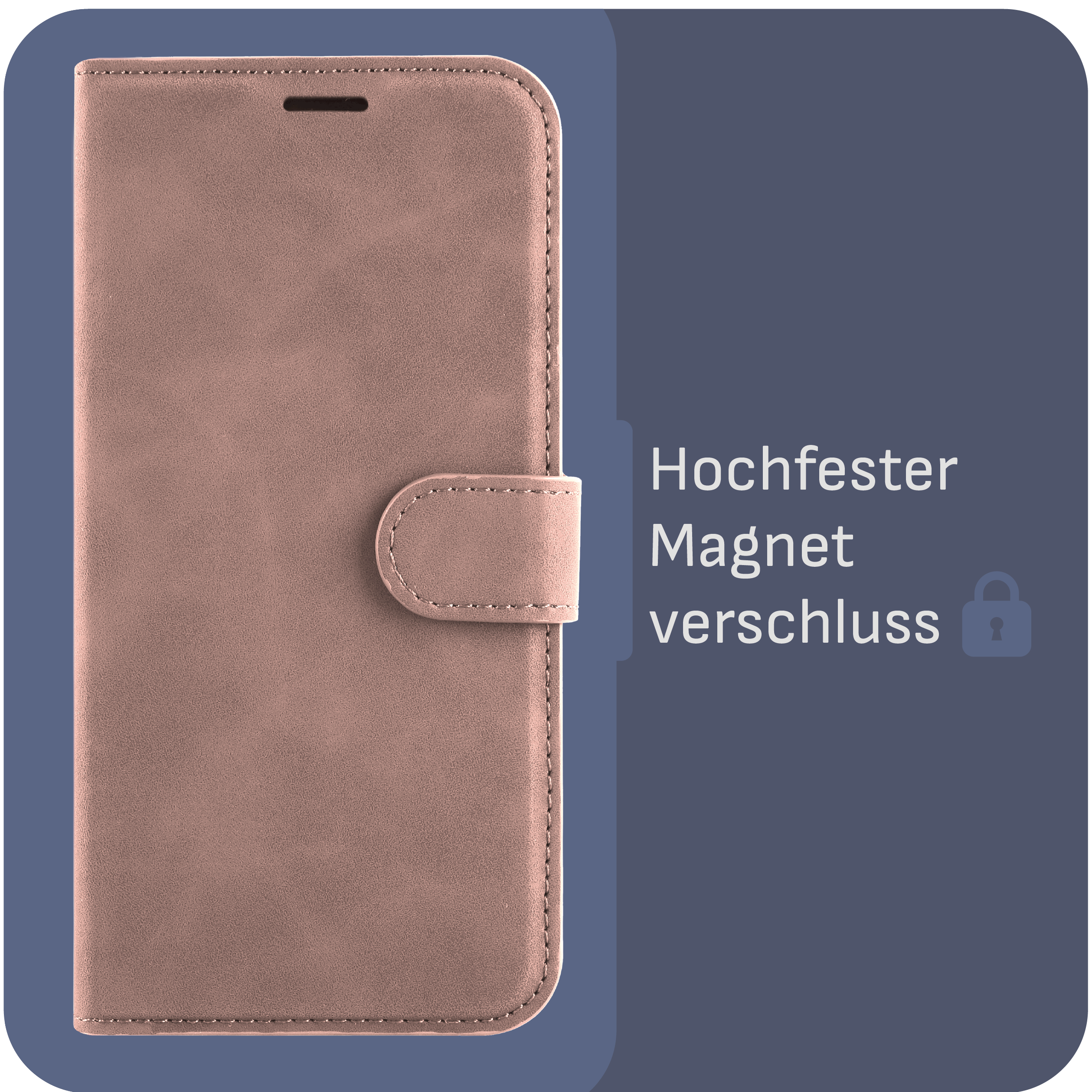 Eine pinkfarbene Handyhülle mit Magnetverschluss, mit Text, dass sie sicher ist.