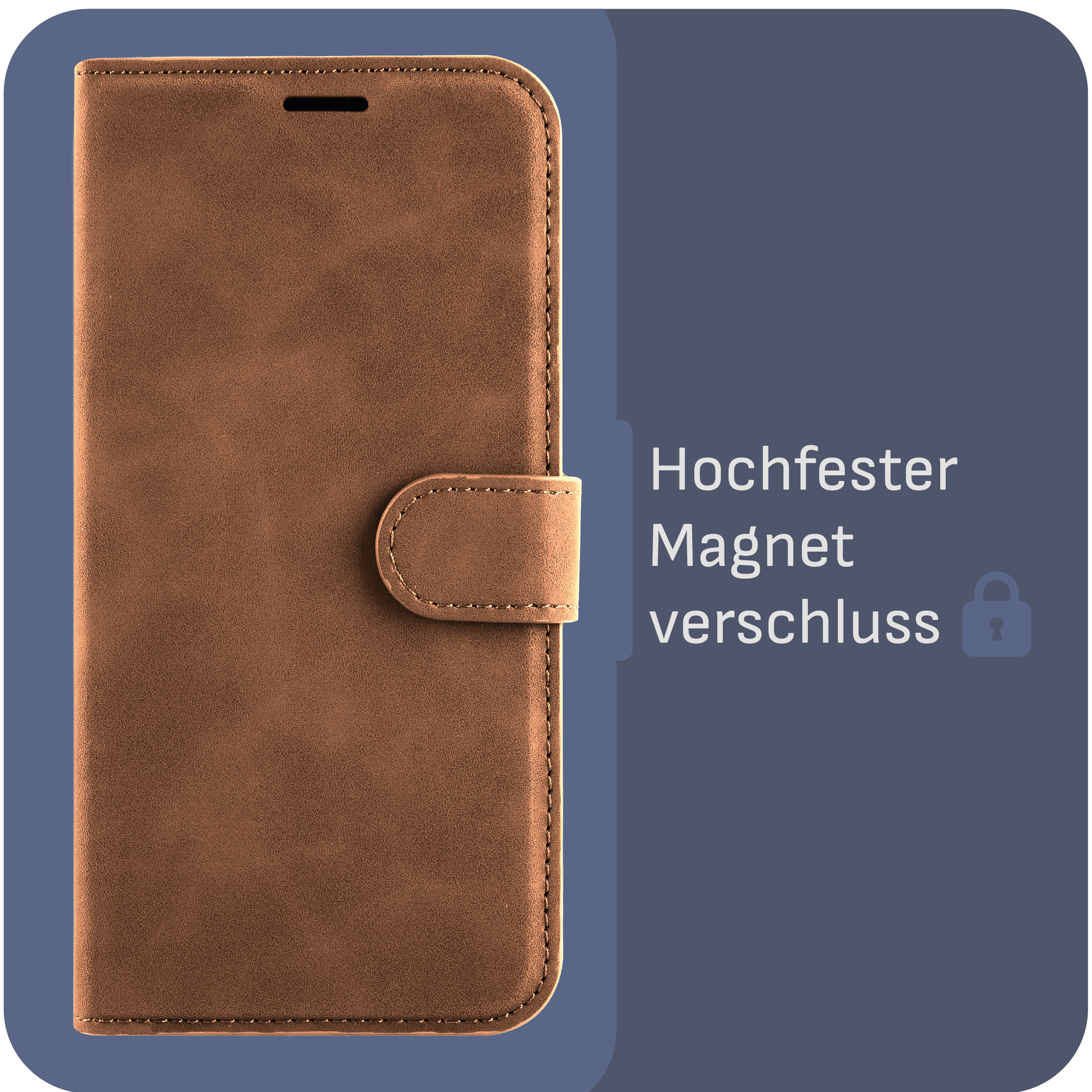 Eine braune Leder-Handyhülle mit Magnetverschluss.