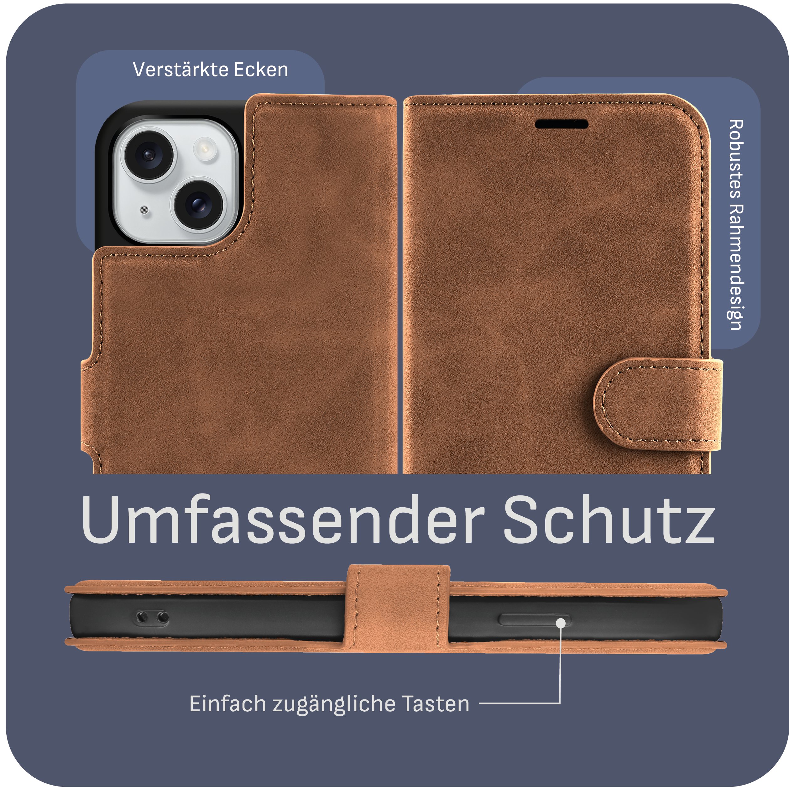 Braune Handyhülle mit eingelegtem Telefon, robustes Design und leicht zugängliche Tasten.