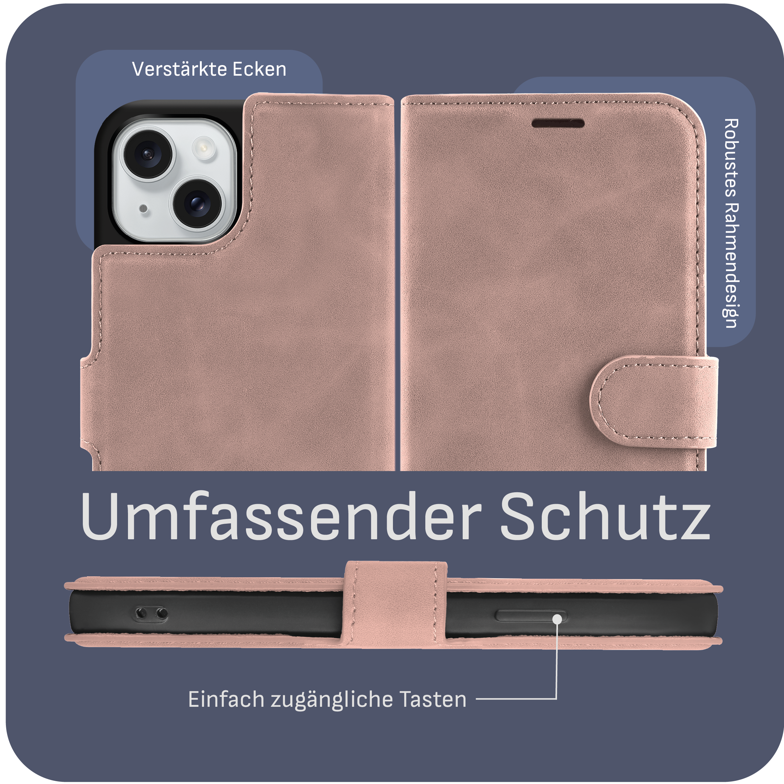Eine rosa Handyhülle ist geöffnet und zeigt ein Telefon im Inneren. Der Text lautet "Umfassender Schutz".