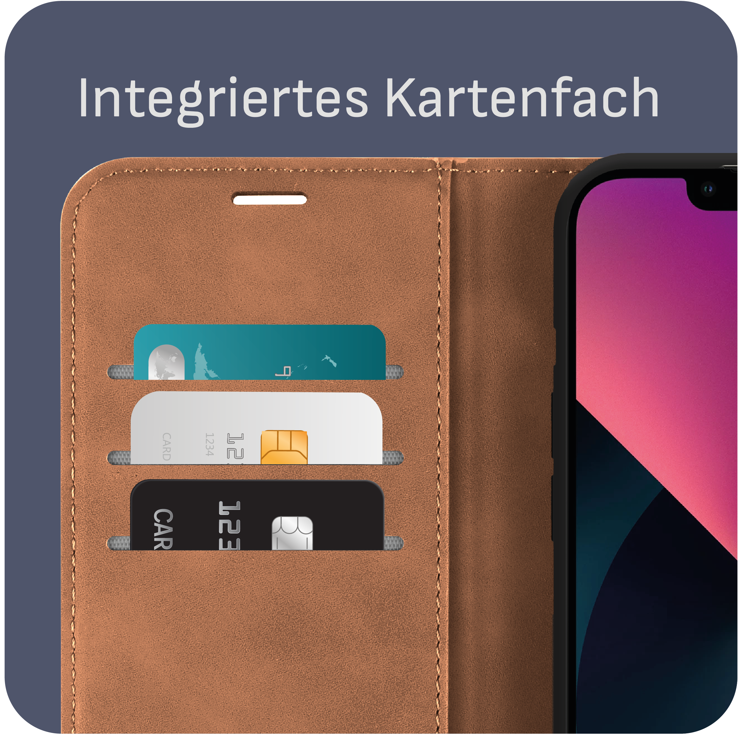 Braune Handyhülle mit Kartenfächern, drei Karten sichtbar, schwarzes Telefon.