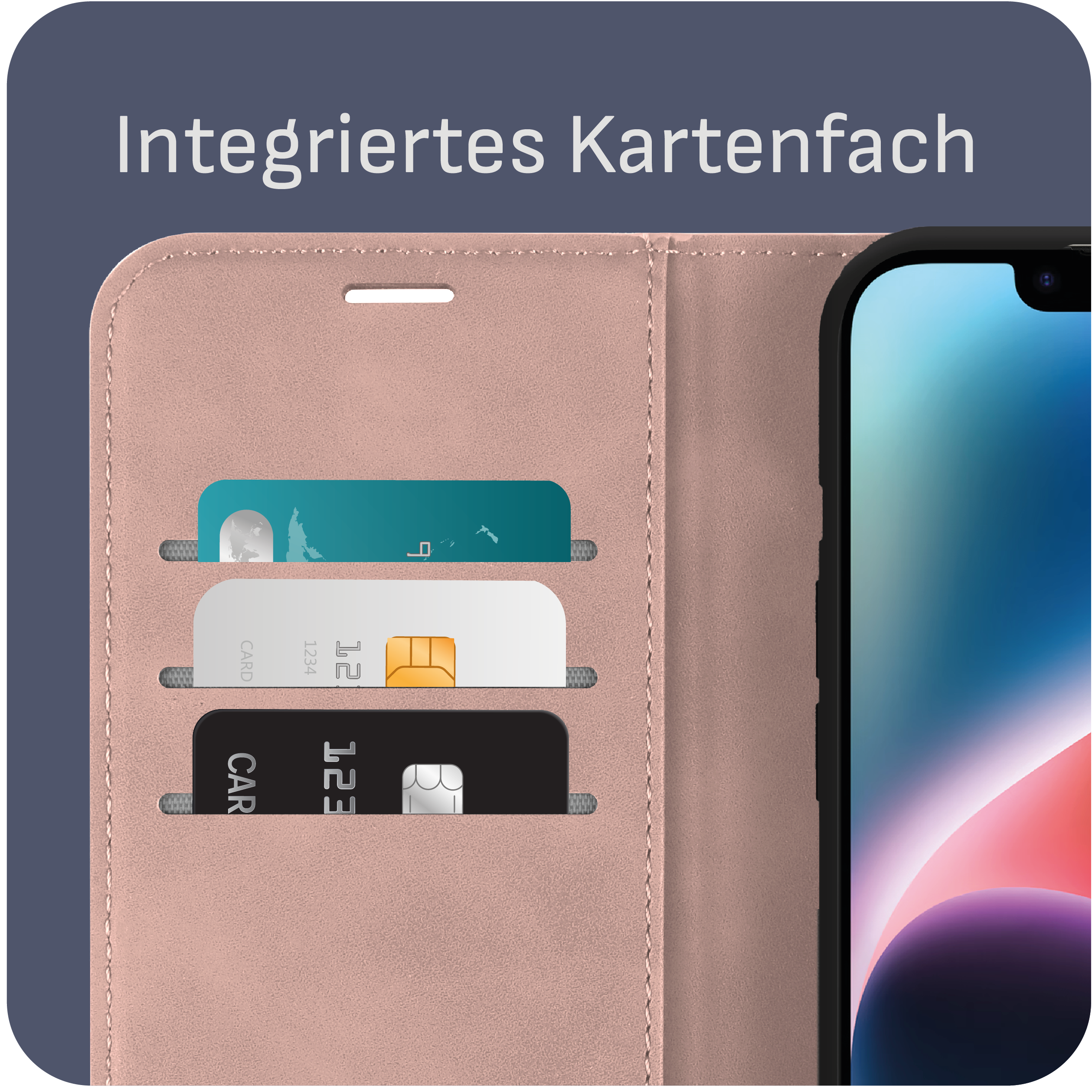 Handyhülle mit Kreditkartenfächern, mit Karten darin. Telefon teilweise sichtbar. Text: Integriertes Kartenfach.