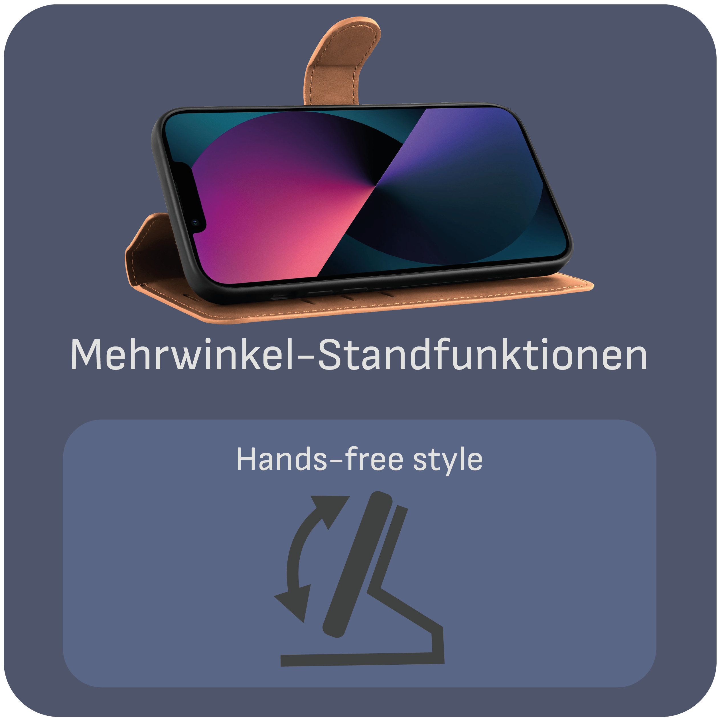 Telefon in brauner Hülle. Text: Mehrwinkel-Standfunktionen, Freisprechstil. Grauer Hintergrund.