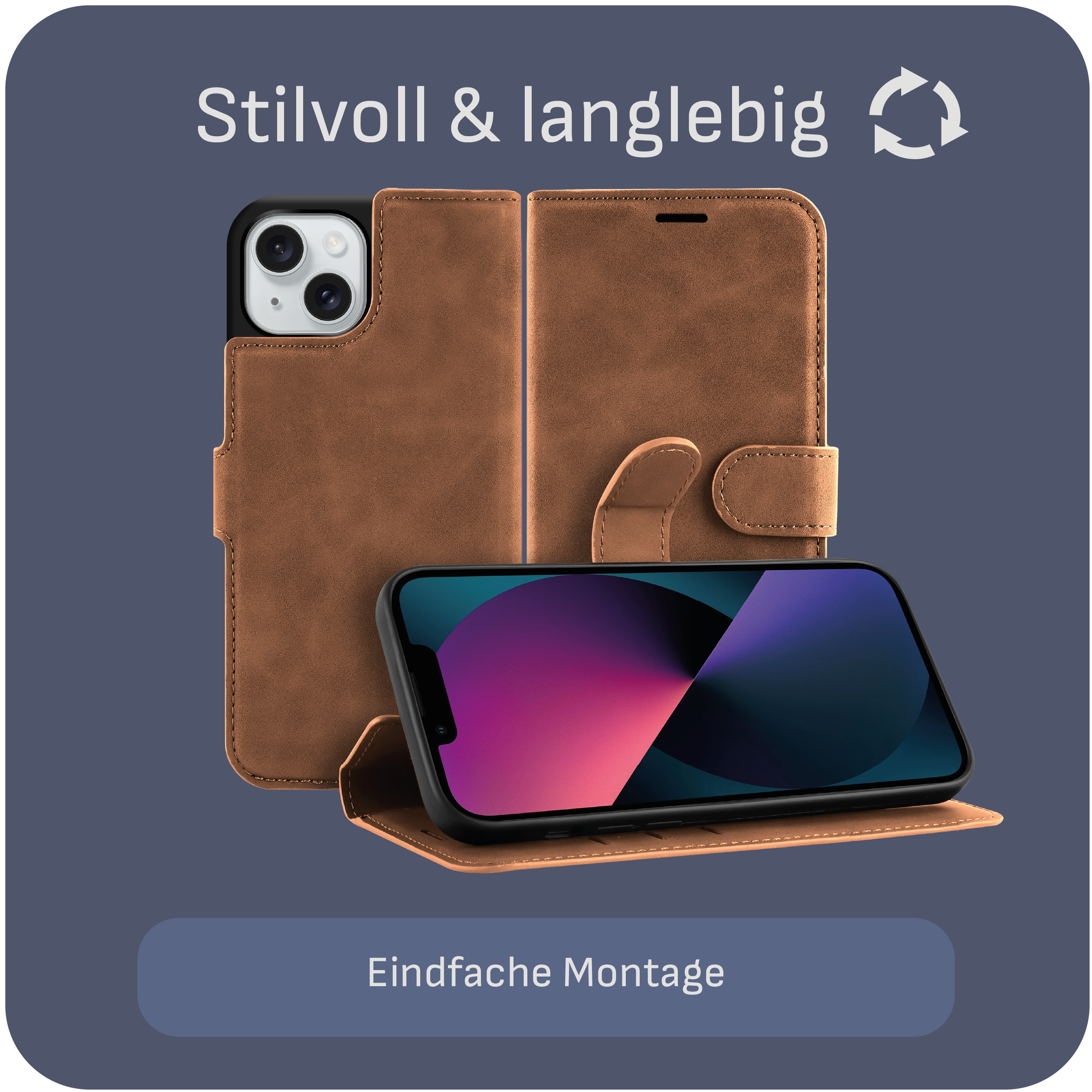 Braune Leder-Handyhülle mit offenem Cover, schwarzes Telefon innen. Einfacher Montagetext.