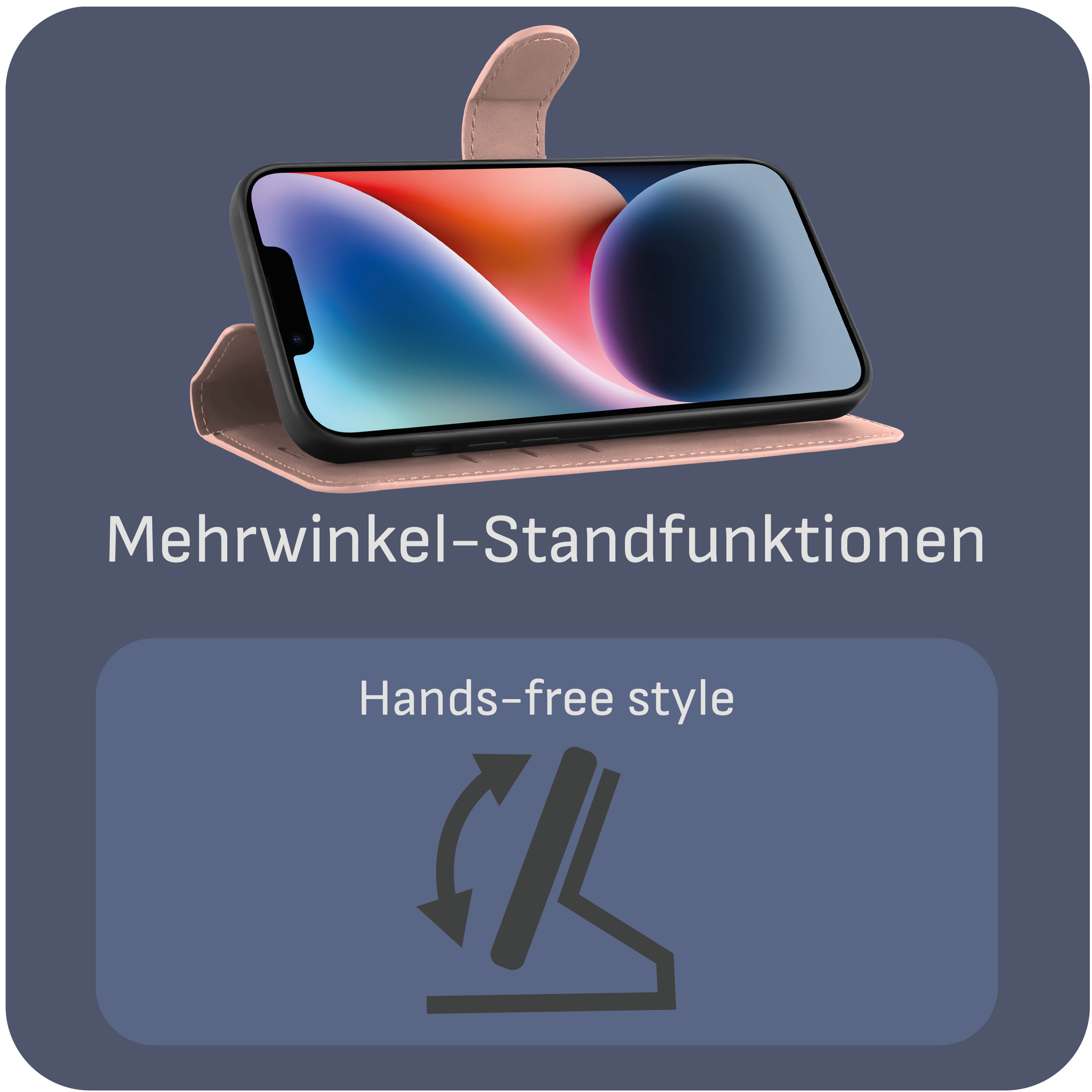 Telefon in einer rosa Hülle, in einer Standposition. Die Hülle ist geöffnet.