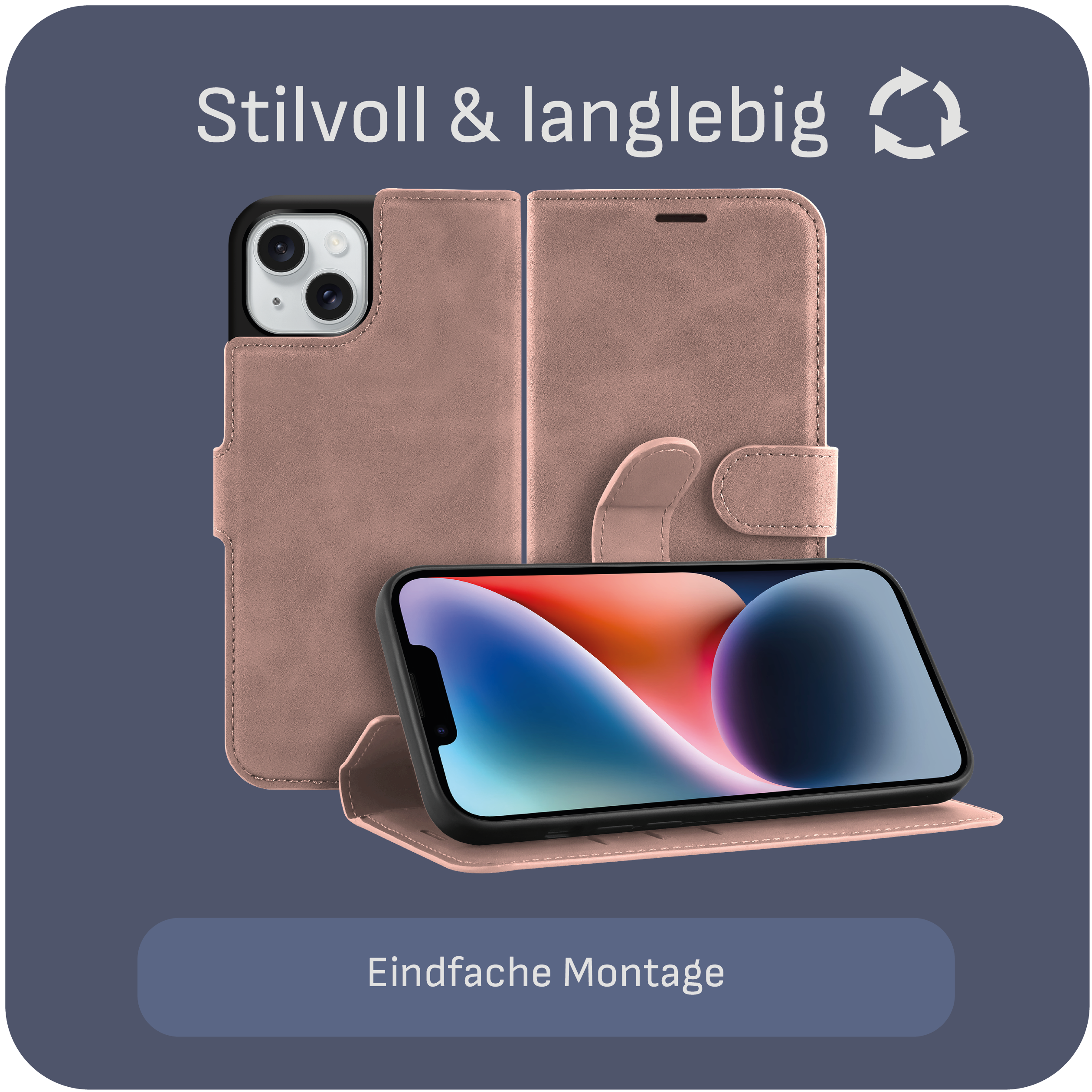 Eine rosa Handyhülle umschließt ein Telefon mit einer Klappe im Brieftaschenstil.
