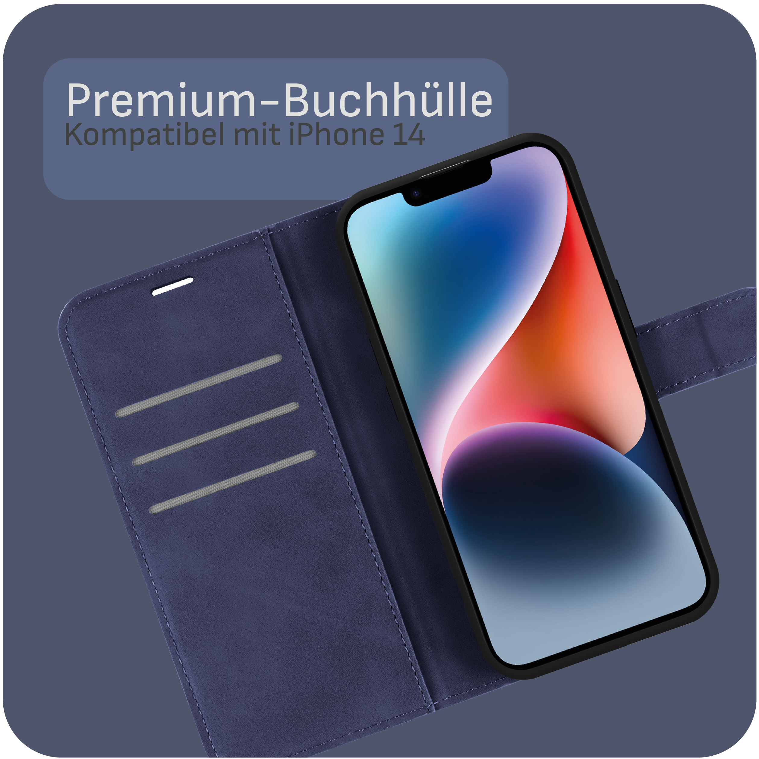 Blaue iPhone-Hülle mit einem iPhone darin. Die Hülle ist offen und zeigt den Bildschirm des Telefons.