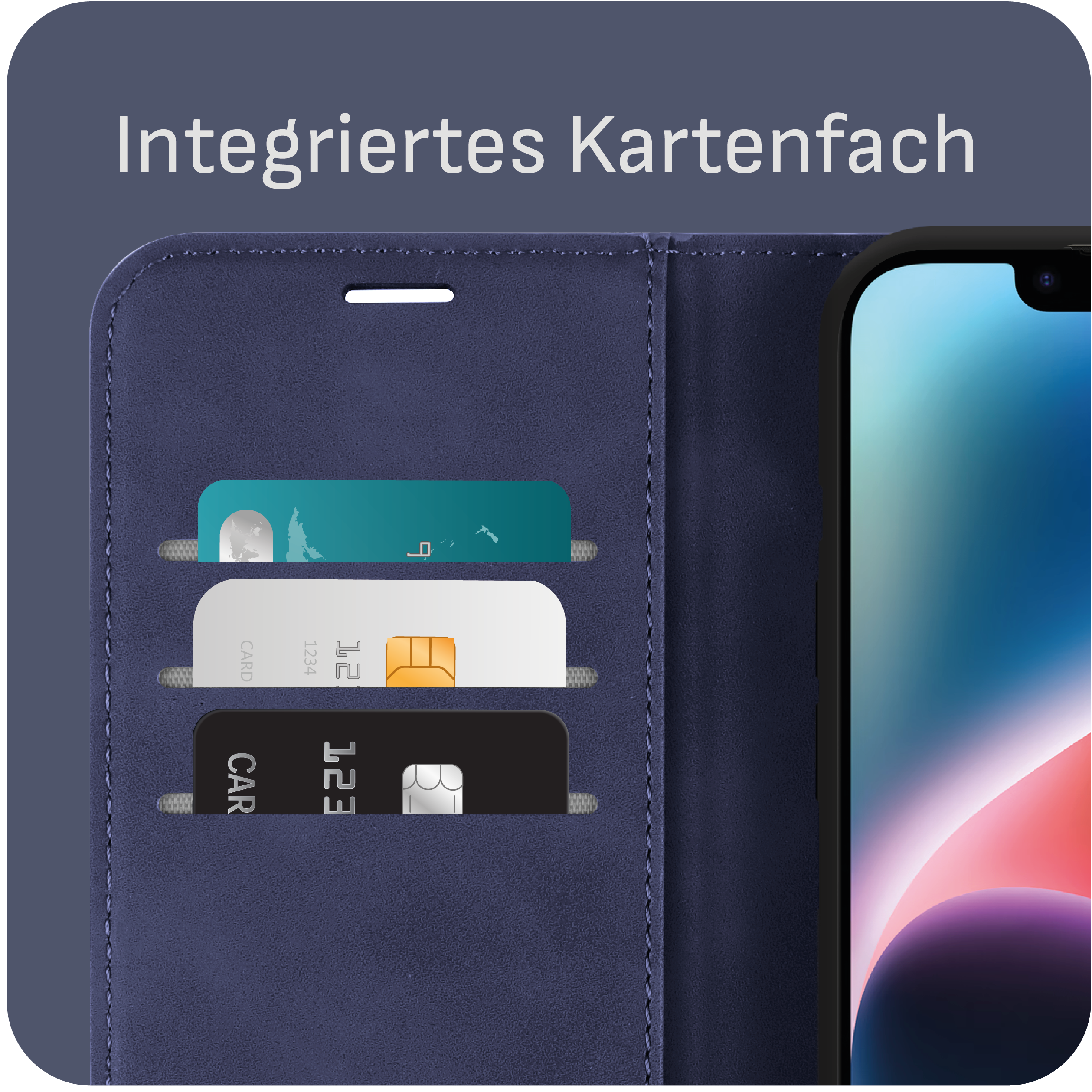Blaue Handyhülle mit Kartenfächern. Hält Karten. Drei Karten sichtbar, hellblau, weiß und schwarz.