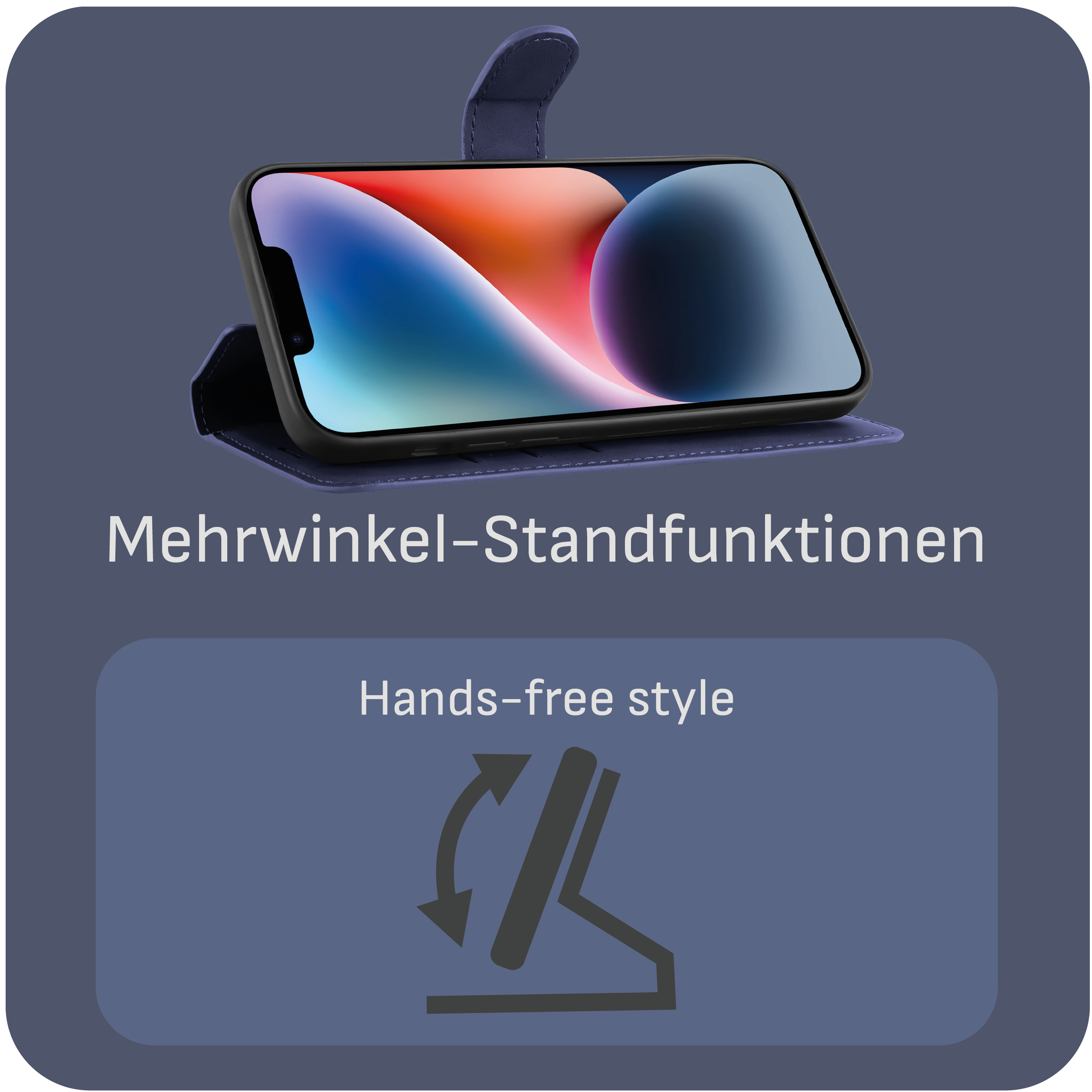 Ein Telefon in einem blauen Brieftaschenetui mit Stützfunktion, das die Oberfläche zeigt.