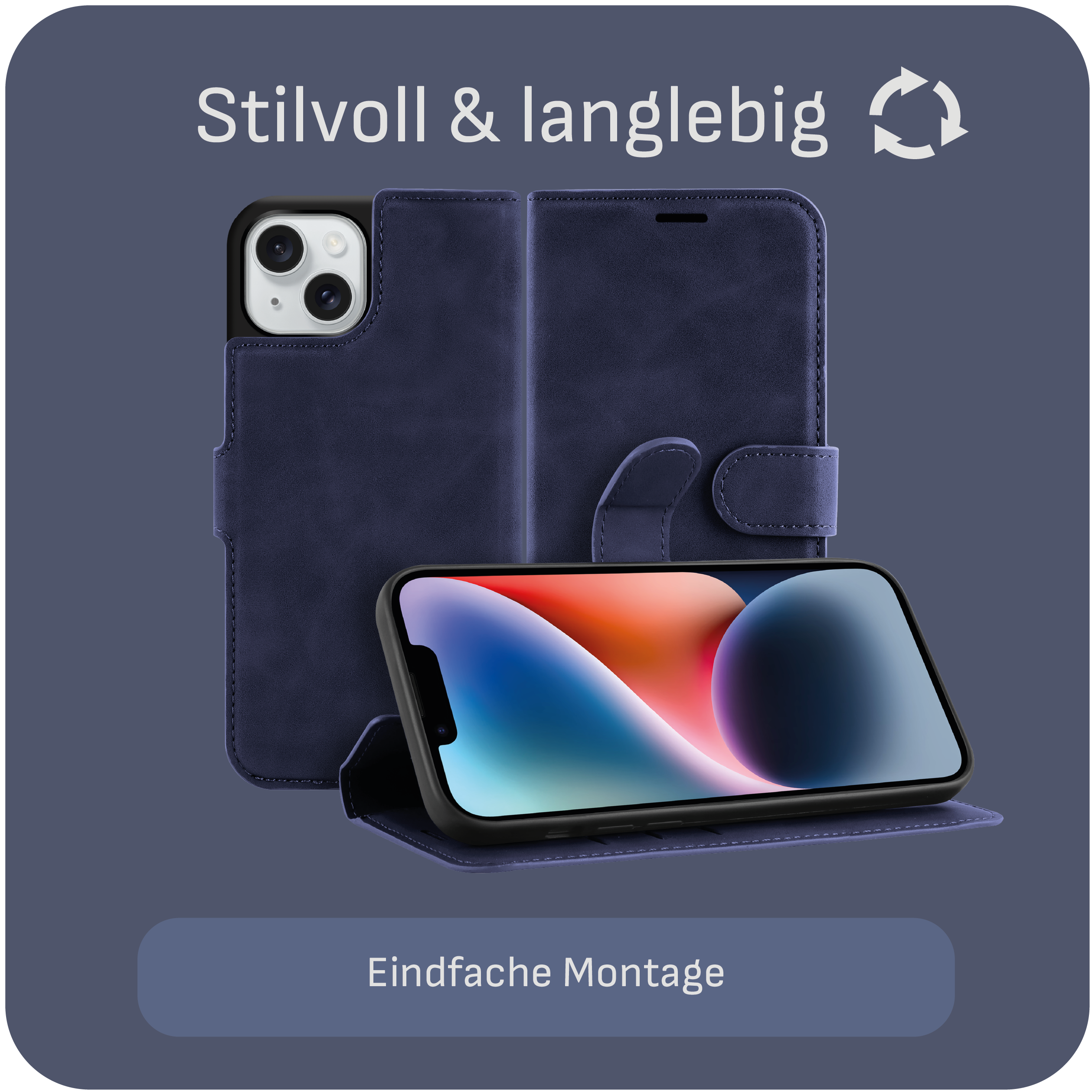 Eine blaue Handyhülle mit einem Telefon darin, auf dunkelblauem Hintergrund.