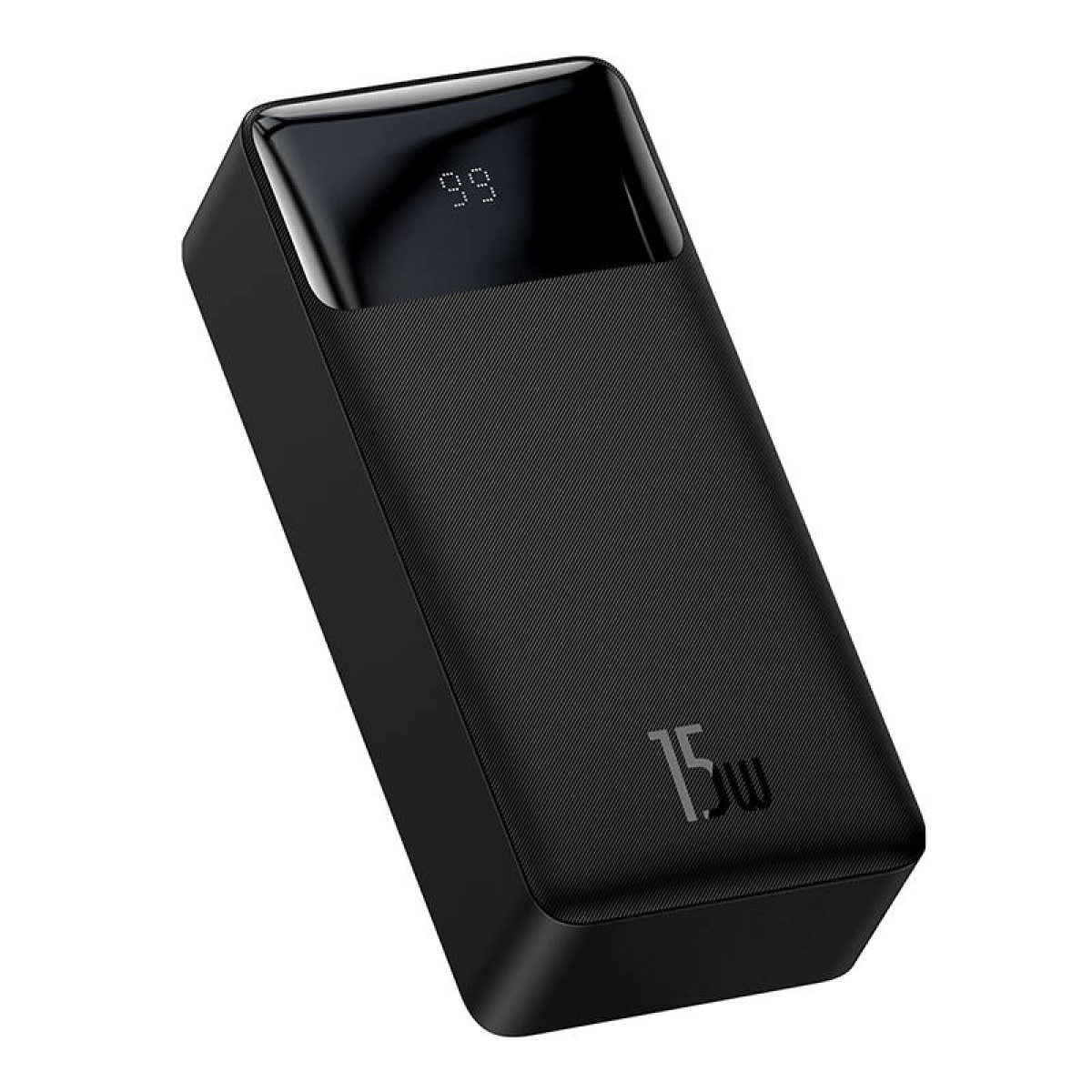 Power bank nero con display digitale che mostra 99 e l'etichetta 15w.