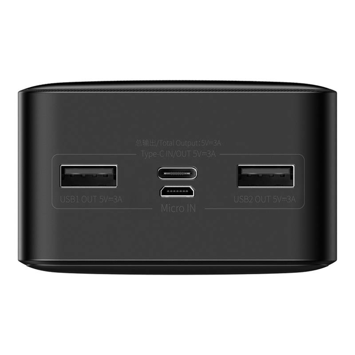 Power bank nero con più porte. Testo: USB1 OUT 5V=3A, USB2 OUT 5V=3A, Type-C IN/OUT 5V=3A.
