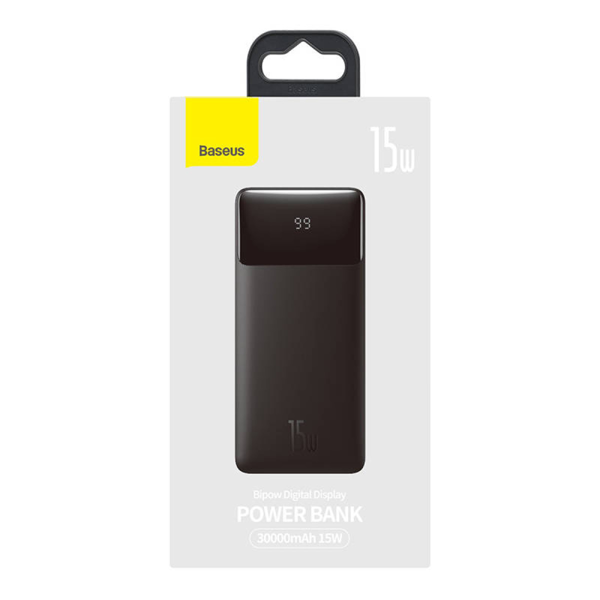 Un power bank nero in una scatola bianca con testo e display digitale.