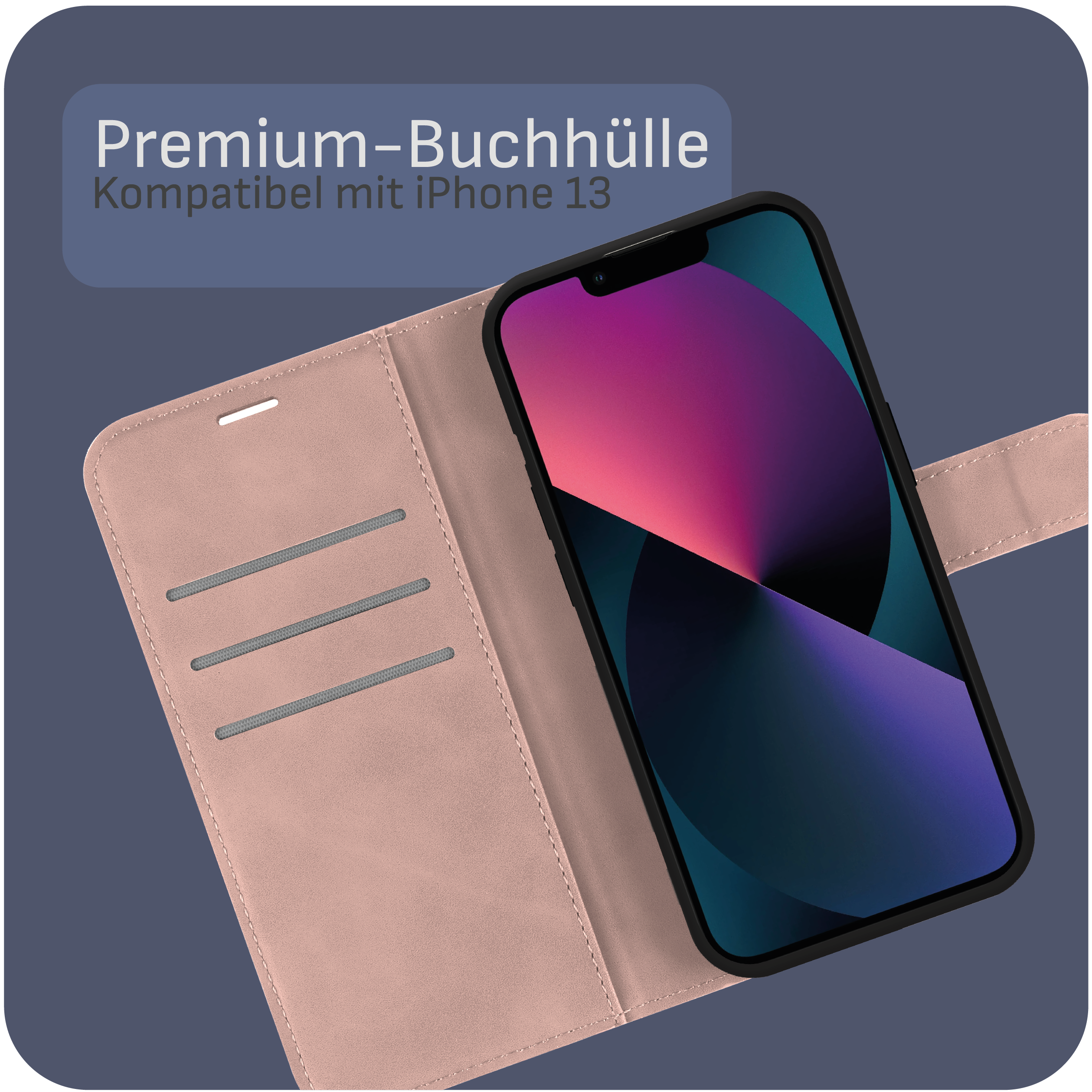 Rosa Handyhülle mit Telefon, auf blauem Hintergrund.
