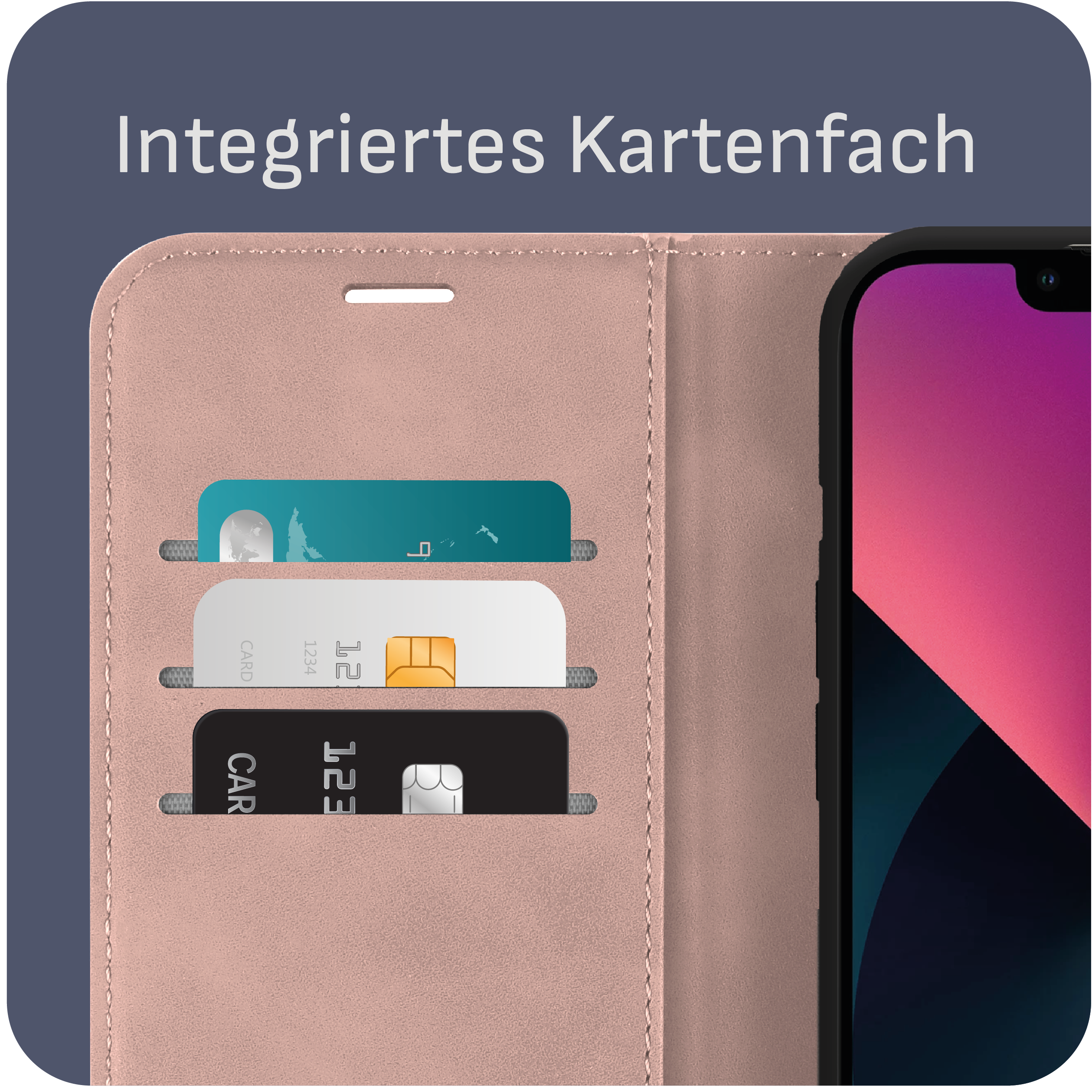 Ein Handy-Case mit Kartenfächern, und ein Telefon darin, Text 'Integriertes Kartenfach'.