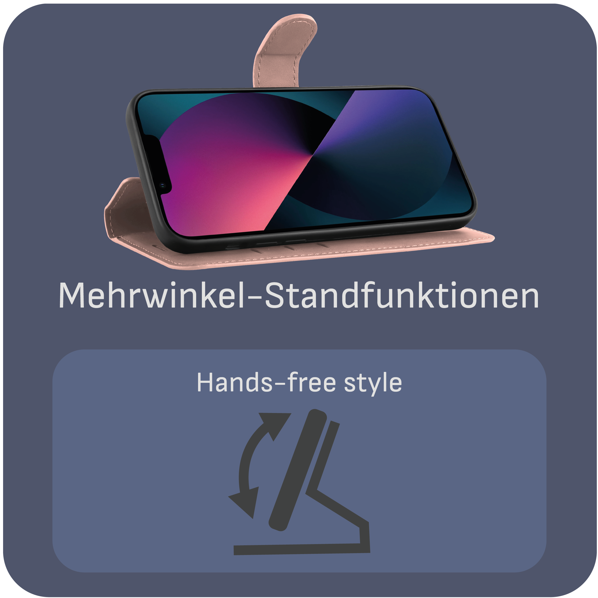 Telefon in rosa Hülle, auf Ständer. Telefonbildschirm sichtbar. Dunkelblauer Hintergrund.