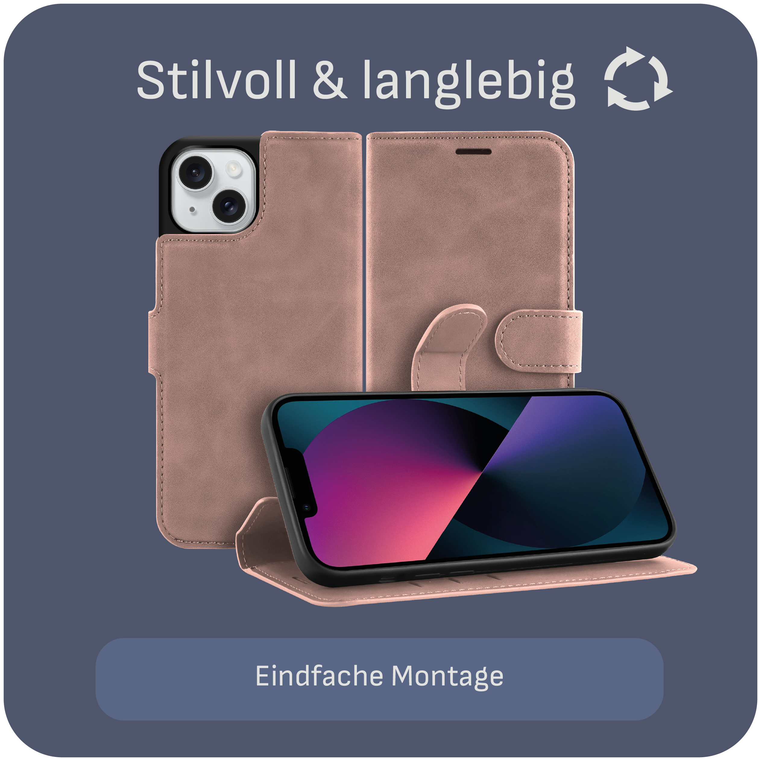 Rosa Handyhülle mit Telefon. Text: Stilvoll & langlebig. Ein Telefon ist darin.