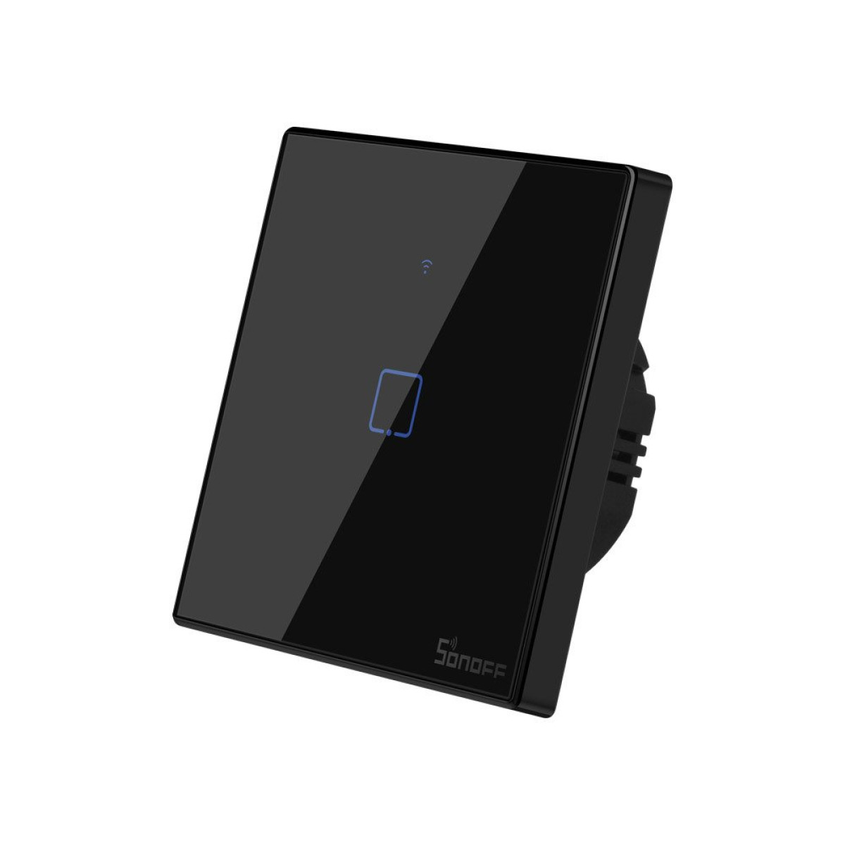 Schwarzer Sonoff Smart-Wandschalter. Blaues Licht zeigt WLAN-Verbindung an. Das Logo ist sichtbar.