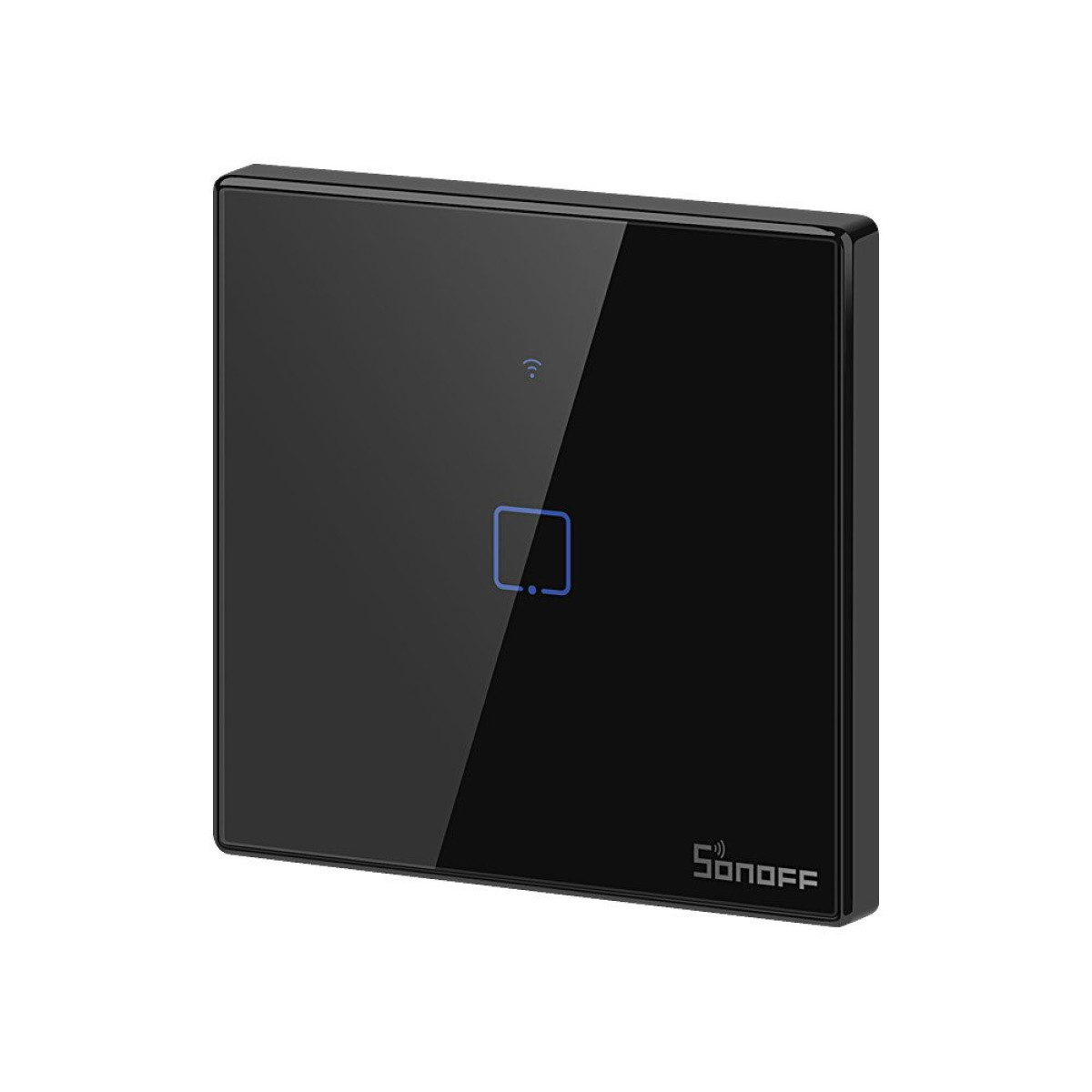 Schwarzer Sonoff Smart-Schalter. Das blaue Licht ist an. Die Oberfläche ist reflektierend.