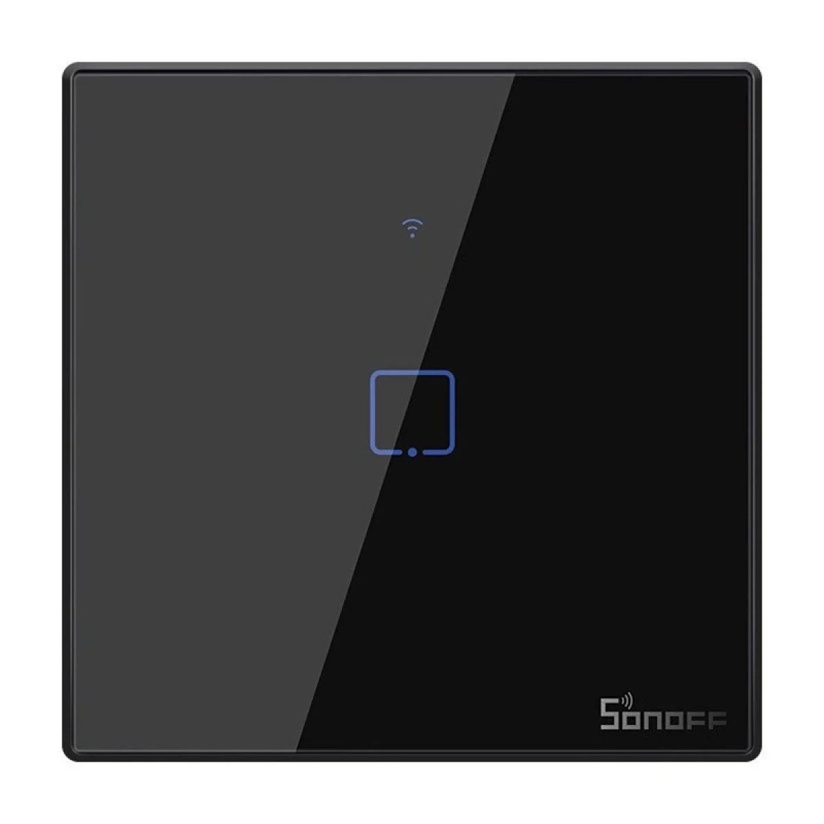 Schwarzer intelligenter Lichtschalter mit blauem, beleuchtetem quadratischen Symbol und Sonoff-Logo.