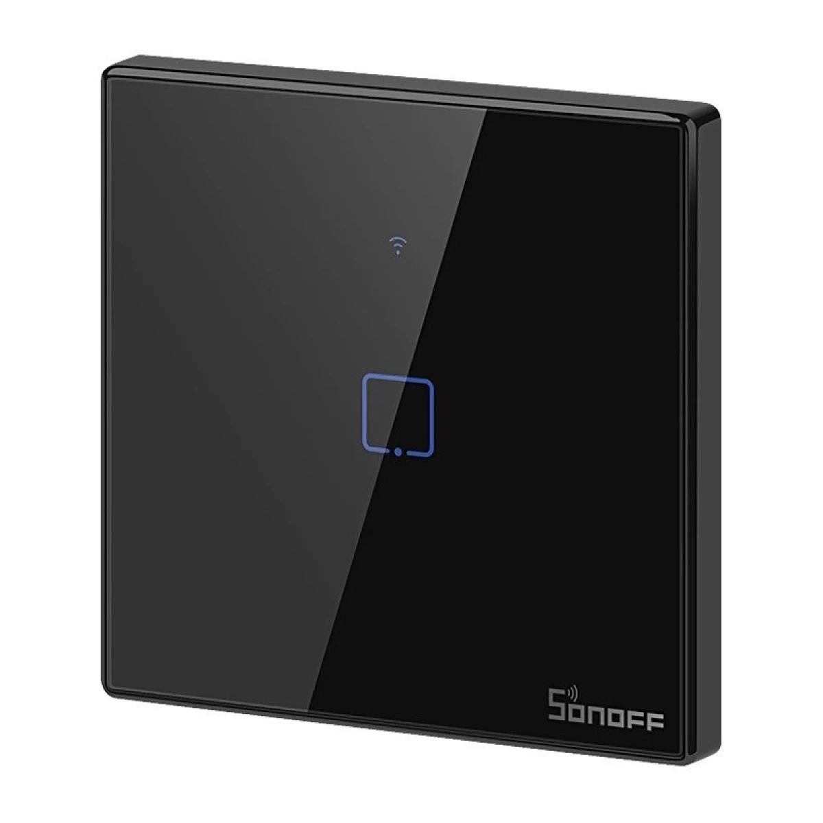 Schwarzer intelligenter Lichtschalter mit blauer Lichtanzeige und Sonoff-Logo.