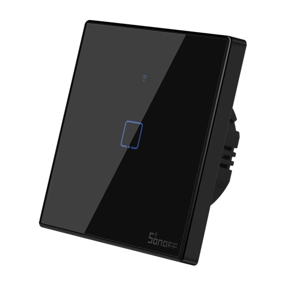 Schwarzer Smart Switch. Quadratisch, glänzend schwarz, blaue LED, Sonoff-Logo, Touch-Taste, quadratisch.