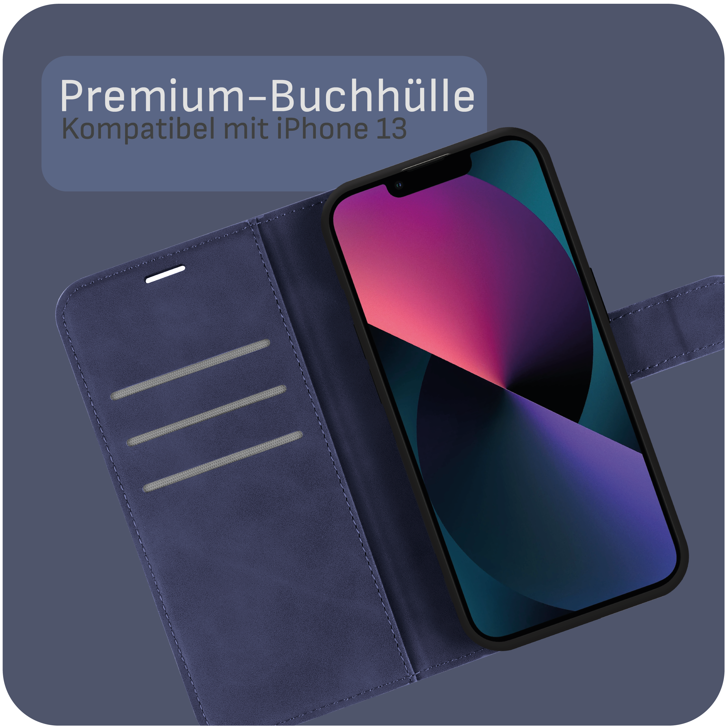 Eine Handyhülle, offen, um ein iPhone 13 mit Kartenfächern auf einer dunkelblauen Oberfläche zu zeigen.