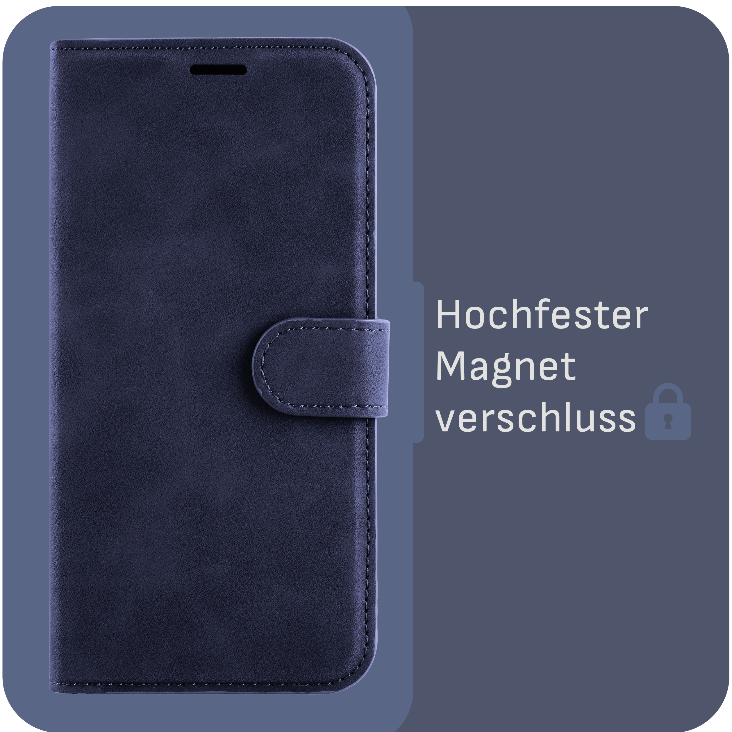 Eine geschlossene marineblaue Handyhülle mit dem Text "Hochfester Magnetverschluss" und einem Schloss-Symbol.