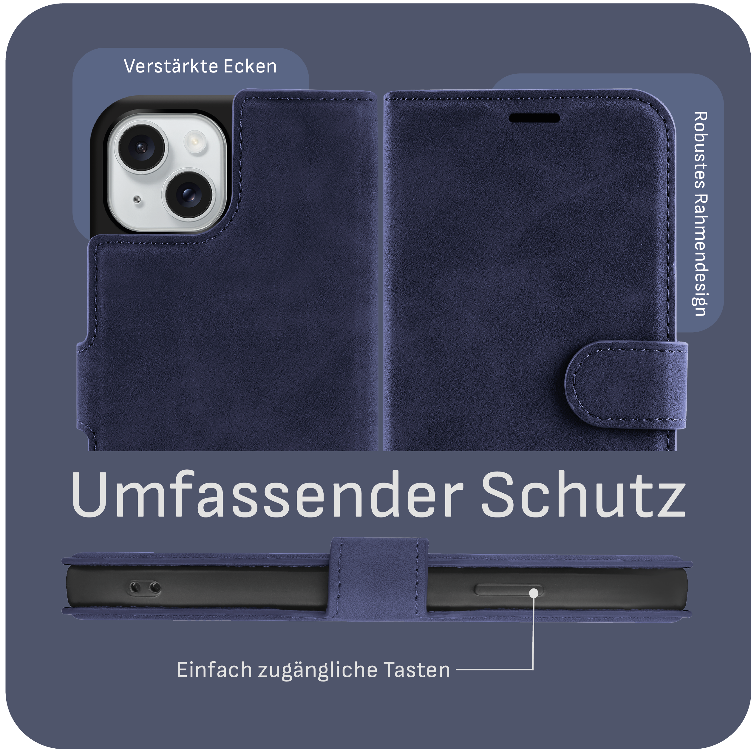 Dunkelblaue Handyhülle mit Telefon, Text über Schutzfunktionen.