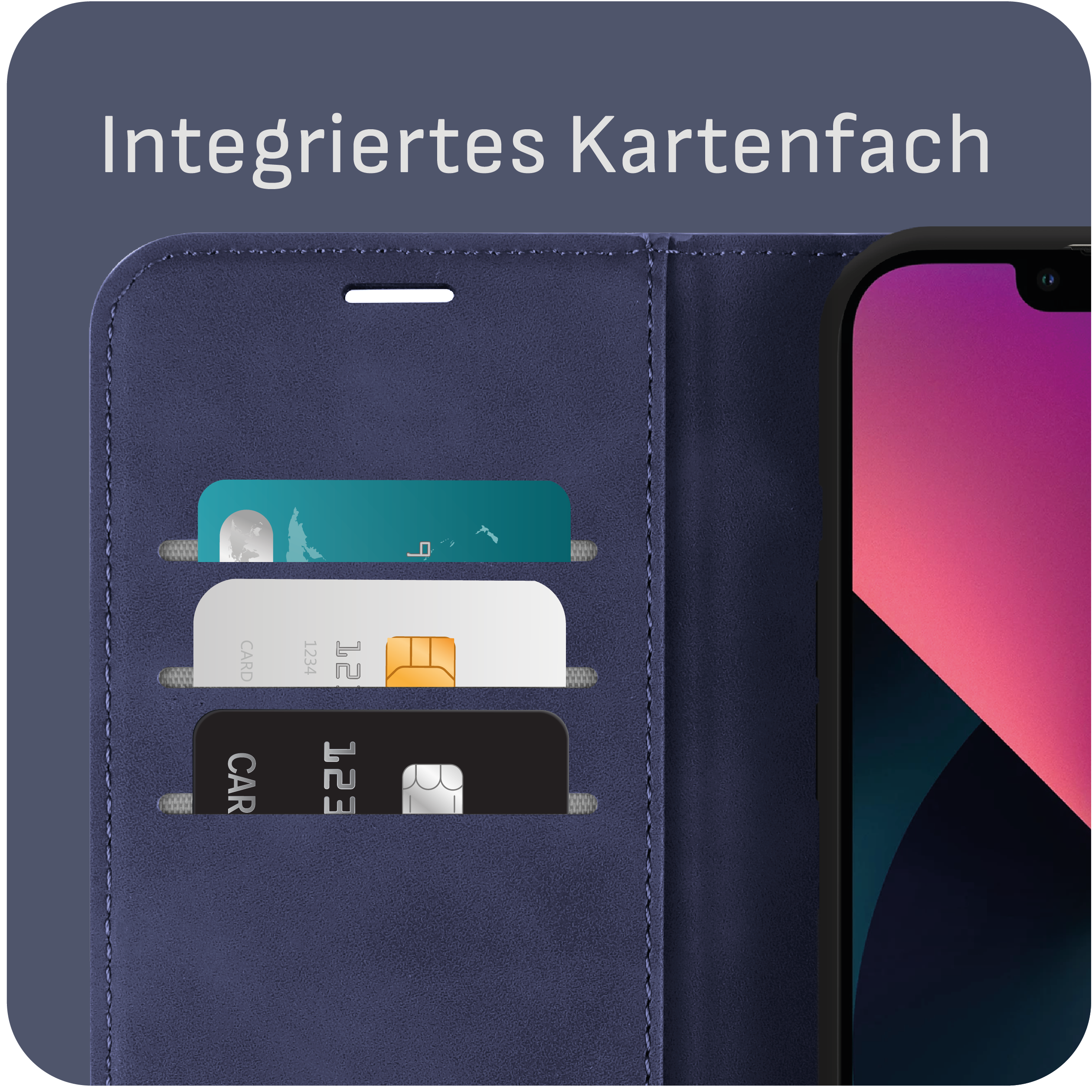 Blaue Handyhülle mit Kartenfächern, die Karten und ein Telefon hält.