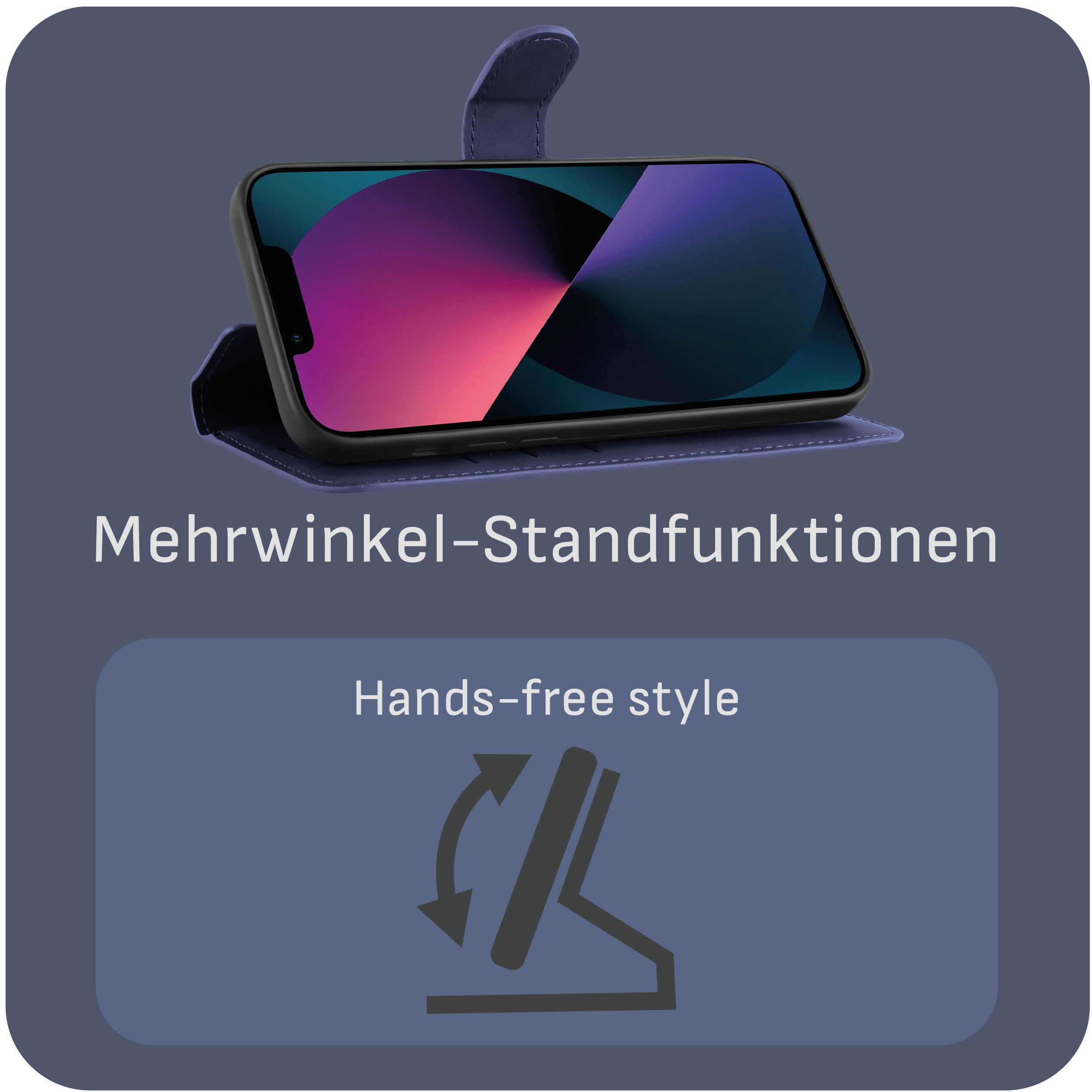Telefon in einer Hülle mit Freisprech-Ständerfunktion. Text weist auf Mehrwinkel-Ständerfunktionen hin.