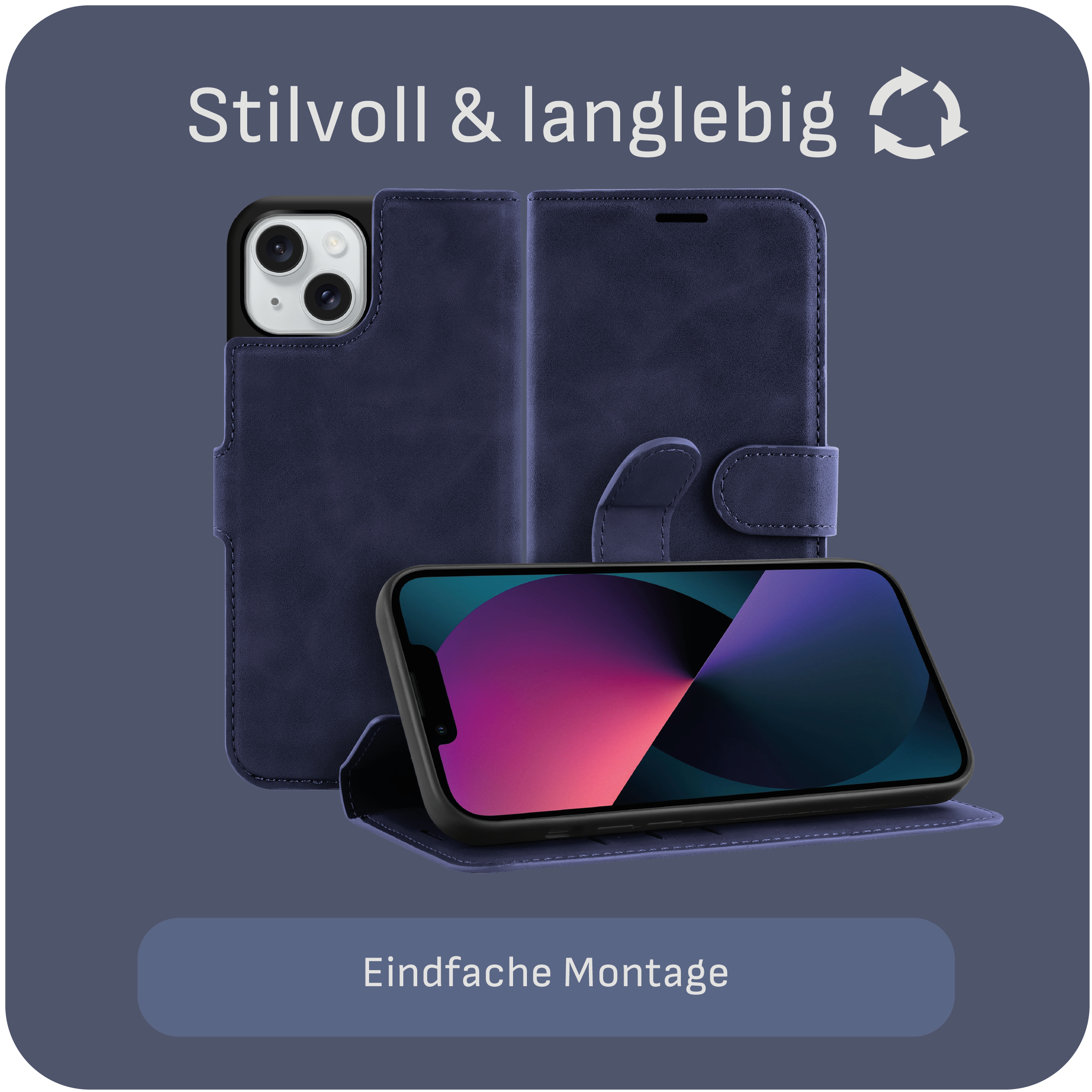 Ein Telefon in einem blauen Lederetui, mit geöffnetem Telefon, das die Oberfläche zeigt.