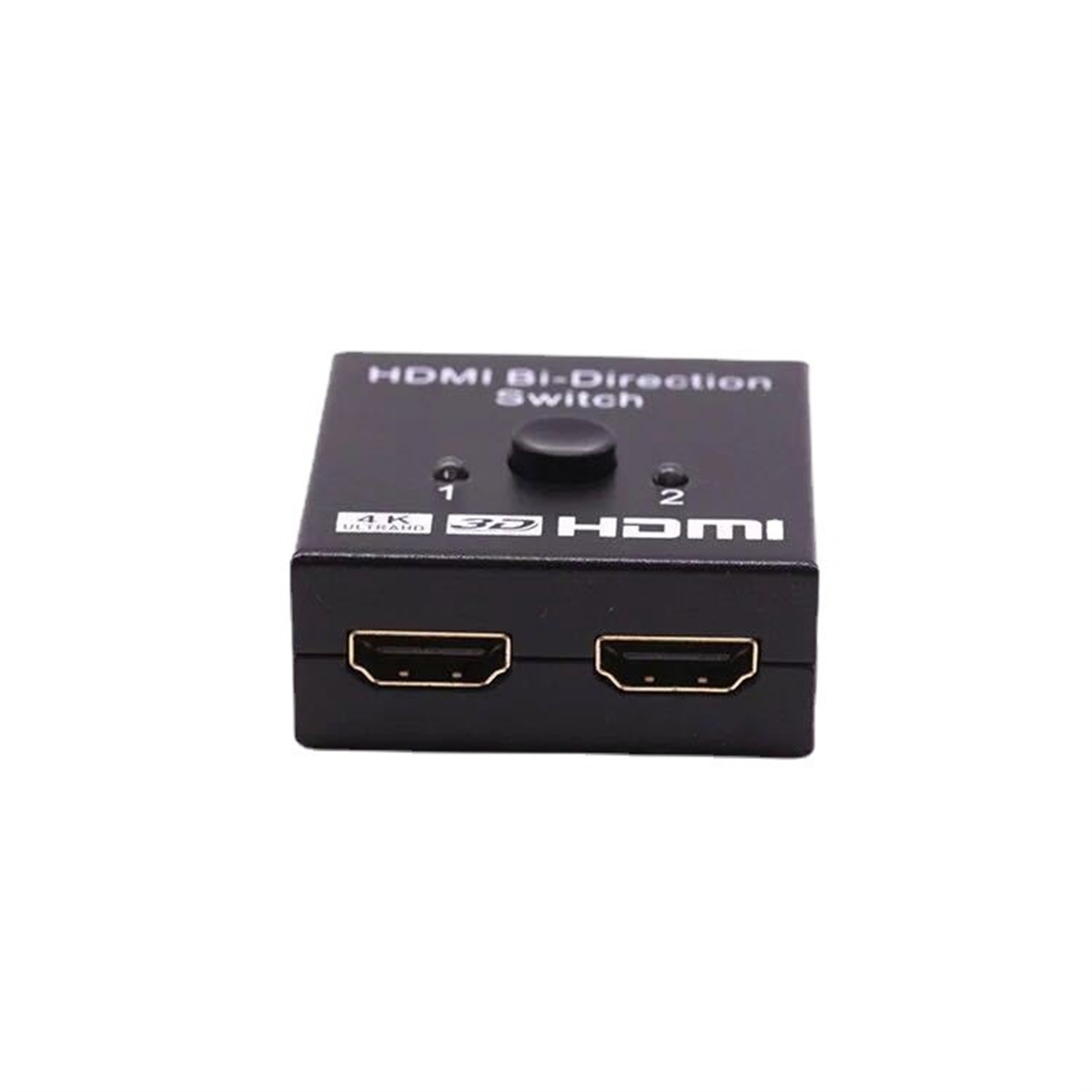 Schwarzer HDMI Bi-Direction Switch. Hat zwei HDMI-Anschlüsse und eine Taste mit den Zahlen eins und zwei. 4K Ultra und 3D werden angezeigt.