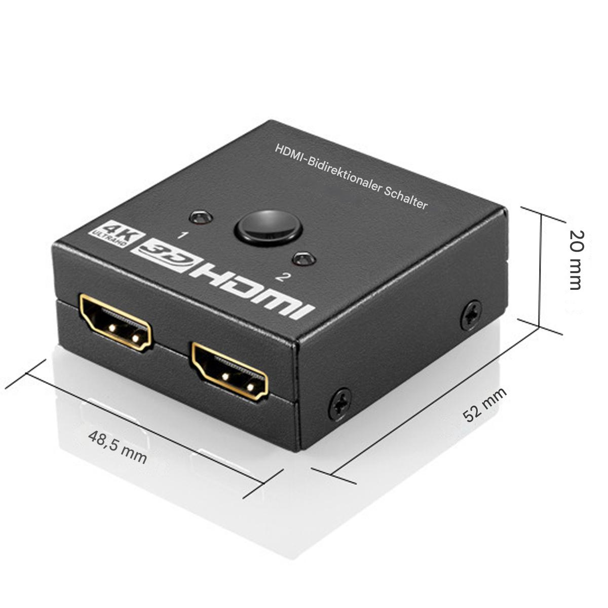 Schwarzer HDMI-Switch mit zwei HDMI-Anschlüssen. Beschriftet mit 4K 3D HDMI. Tasten und Abmessungen sichtbar.
