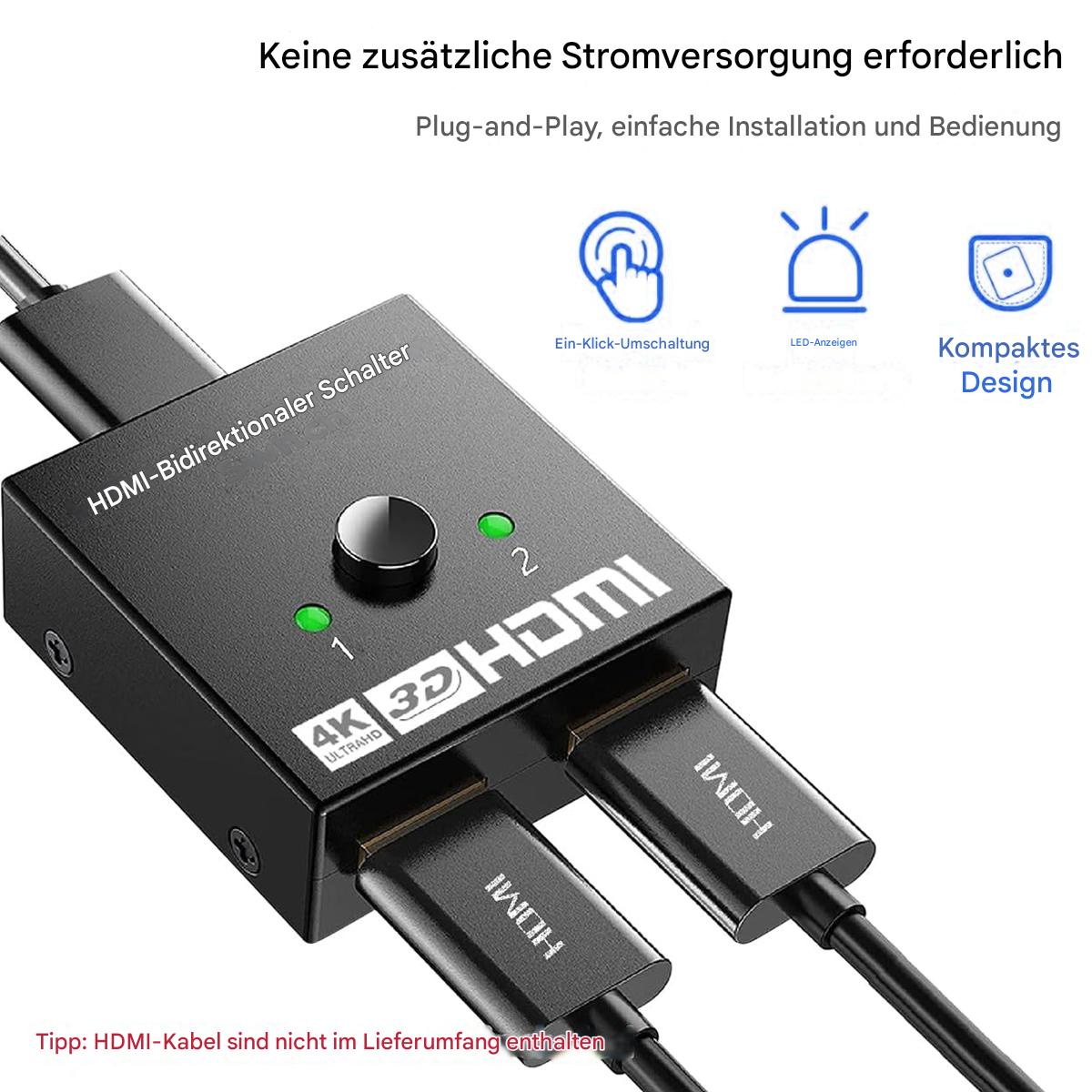 Ein schwarzer HDMI-Switch mit zwei HDMI-Anschlüssen und einem Knopf. Kabel angeschlossen, mit Symbolen und Text.