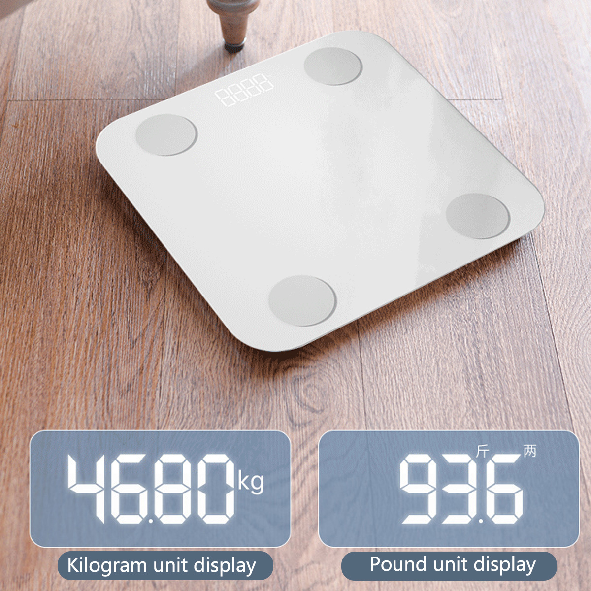 Weiße Digitalwaage mit Gewichtsanzeigen: 46,80 kg, 93,6 斤.