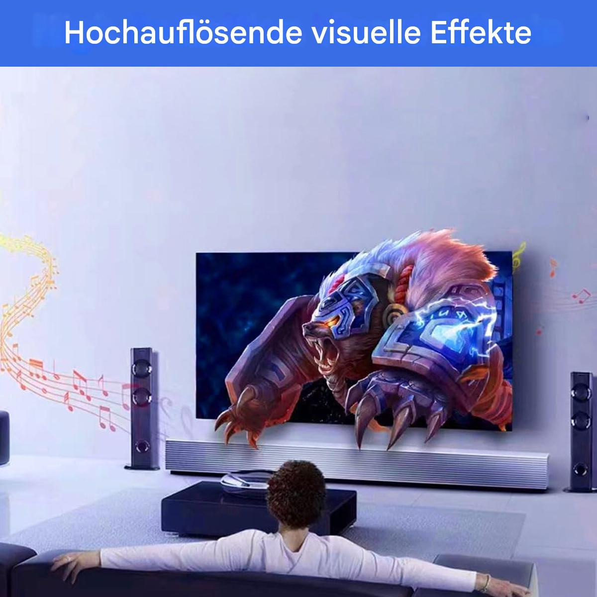 Ein Fernseher zeigt eine CGI-Kreatur. Die Szene hat Soundsysteme und Lautsprecher.