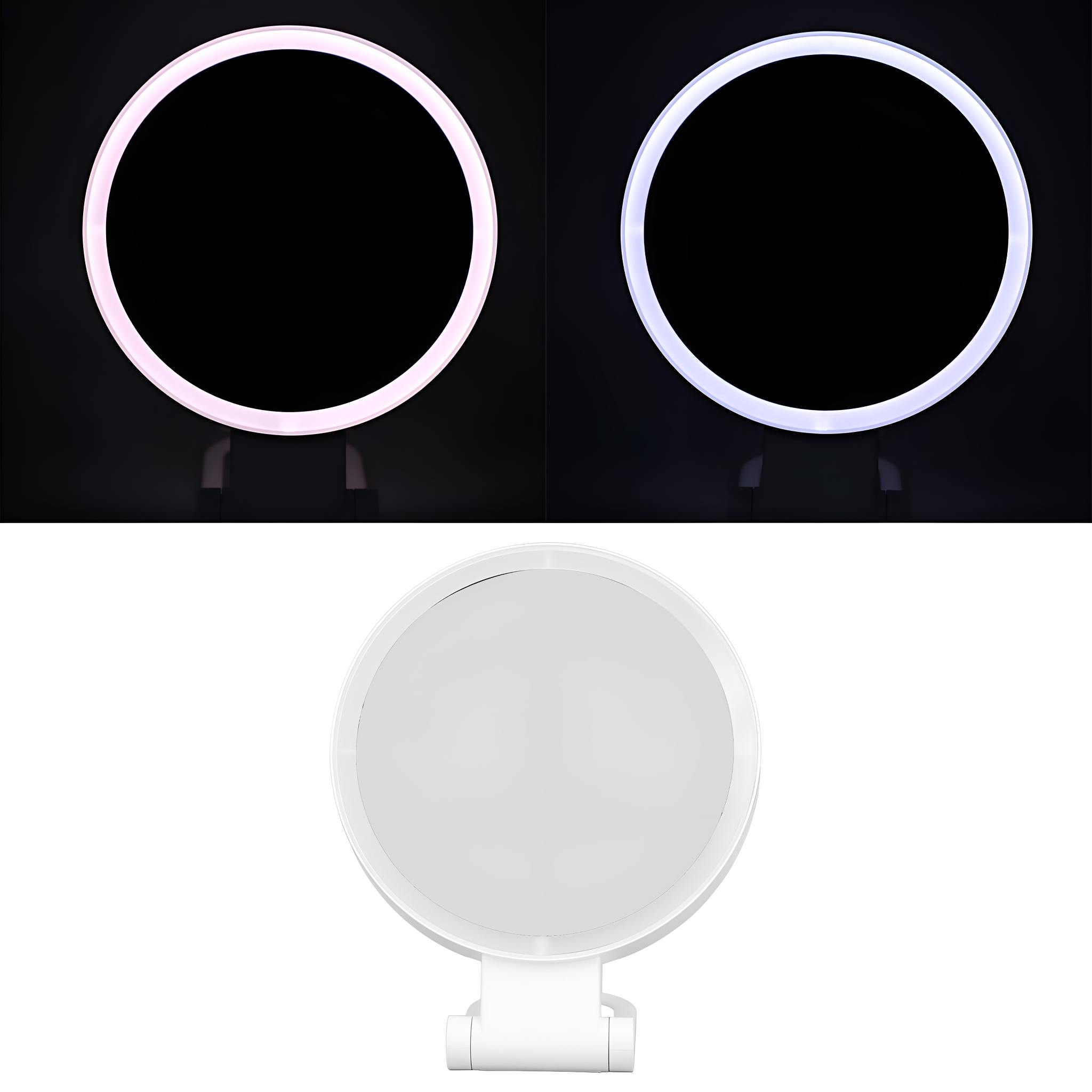 Drei beleuchtete Ringlichter, zwei weiß und eins rosa.