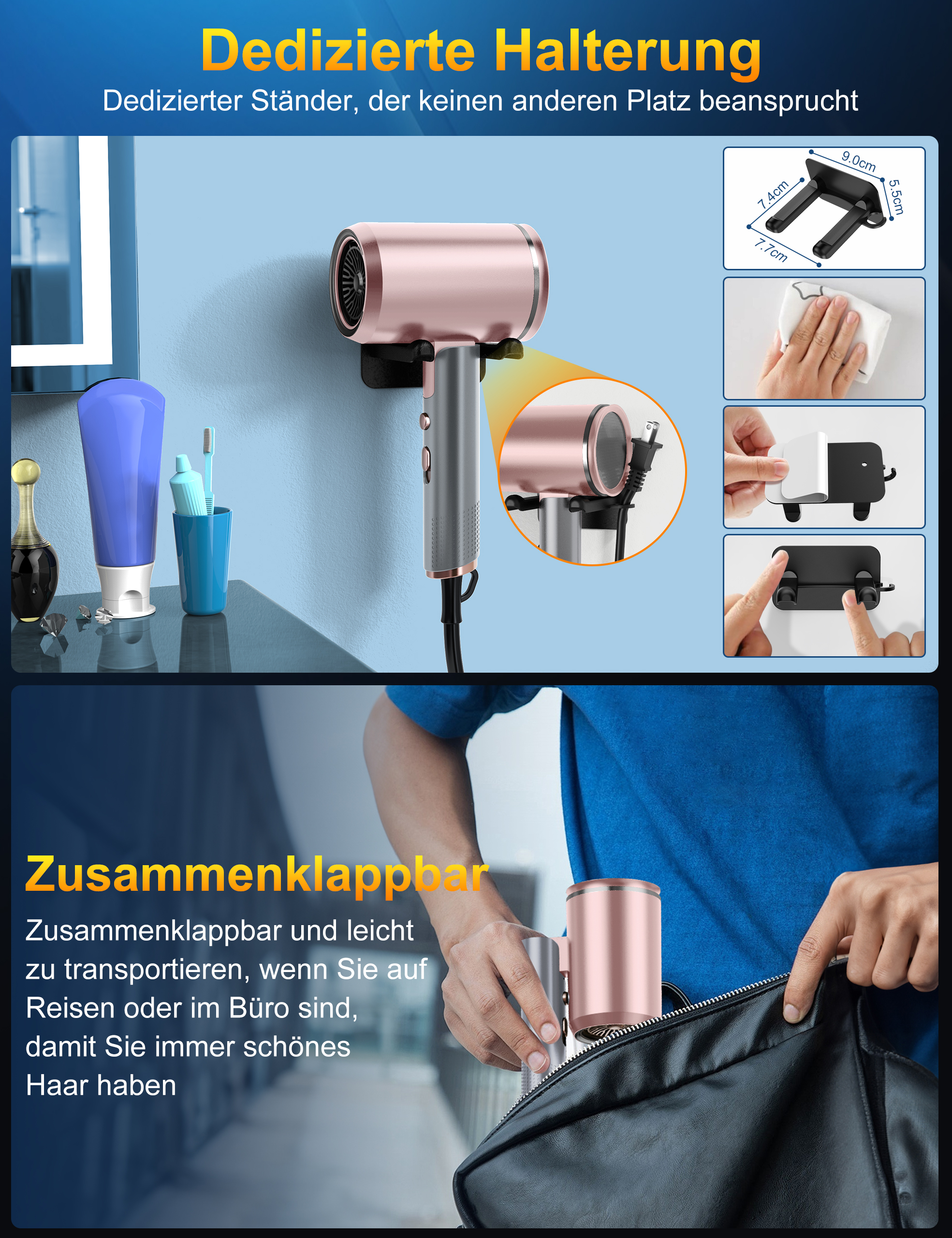 Roségoldener Haartrockner und Wandhalterung, mit Diagrammen und Text.