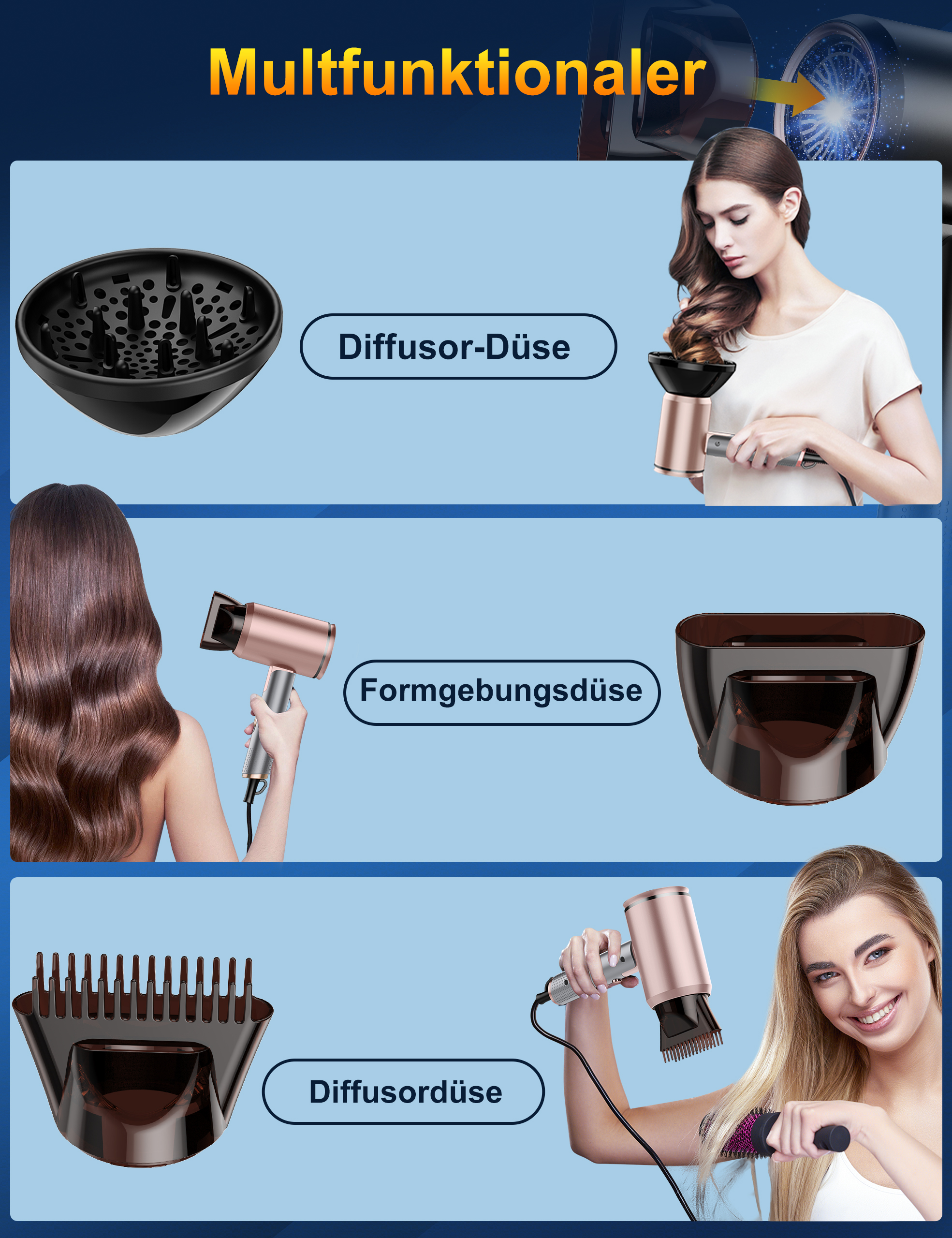 Haartrockner mit verschiedenen Aufsätzen. Drei verschiedene Frauen sind mit unterschiedlichen Frisuren abgebildet.