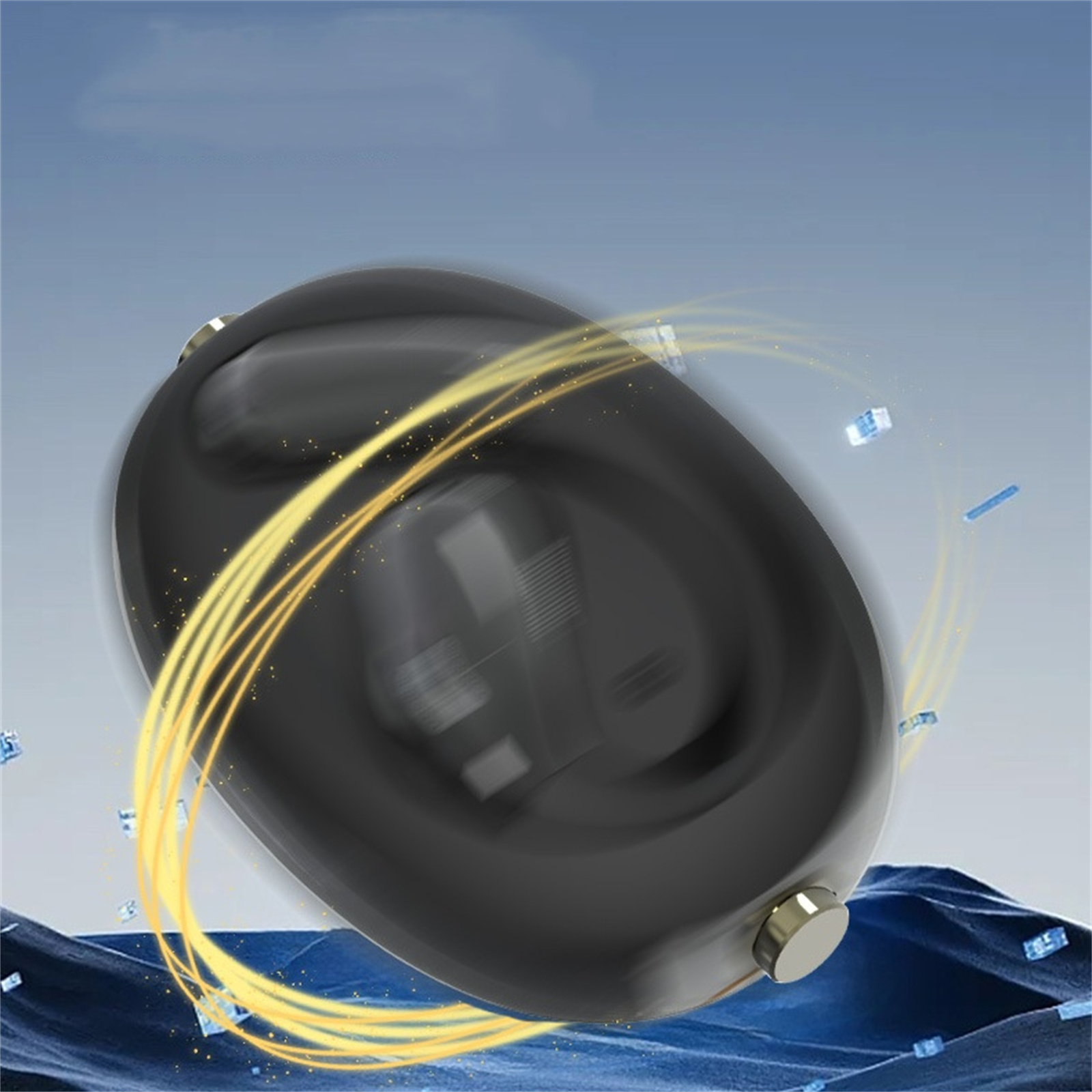 Schwarze kabellose Ohrhörer. Goldakzente und blauer Hintergrund mit abstrakten Lichteffekten.