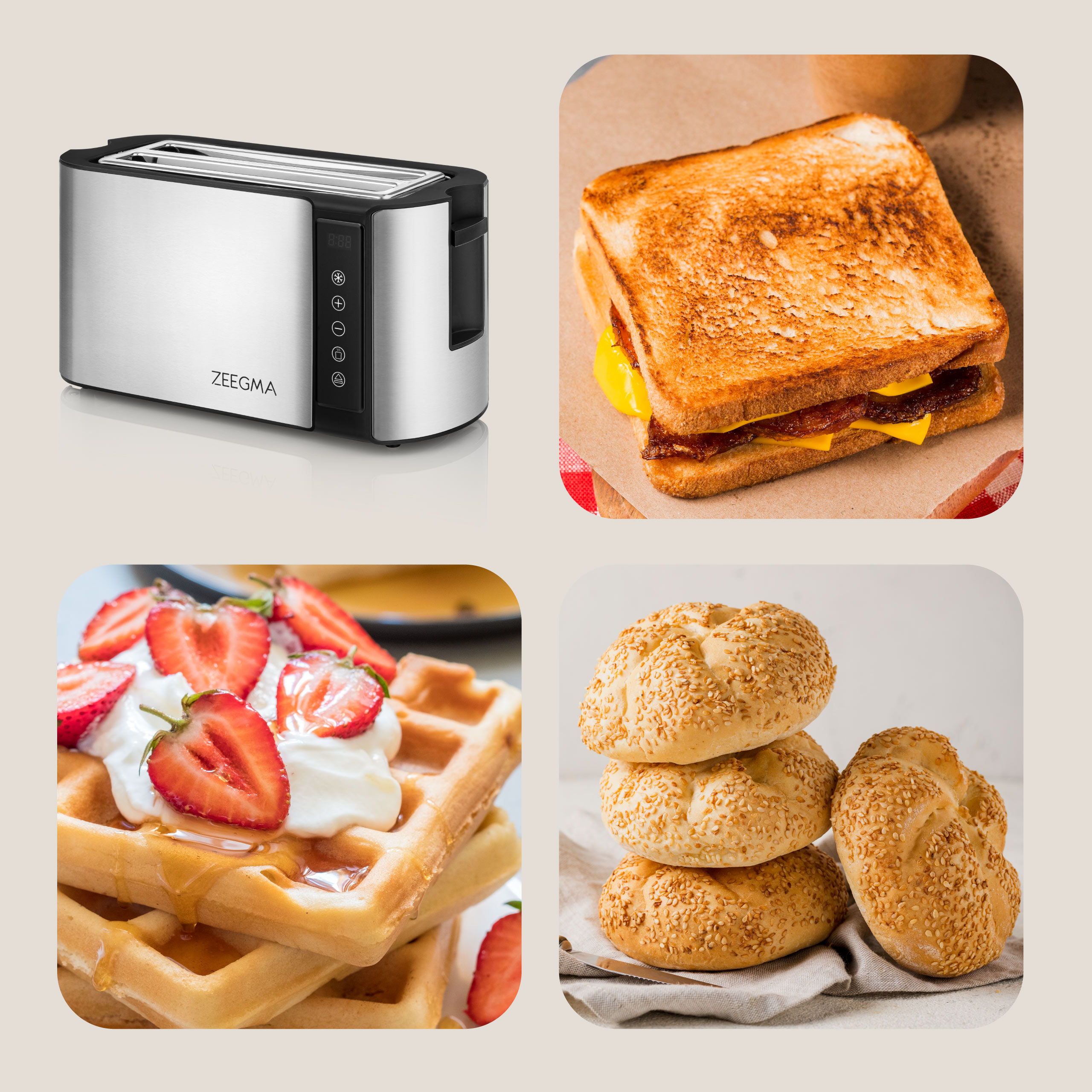 Vier voedingsmiddelen: een broodrooster, een gegrilde kaassandwich, wafels met aardbeien en bagels.