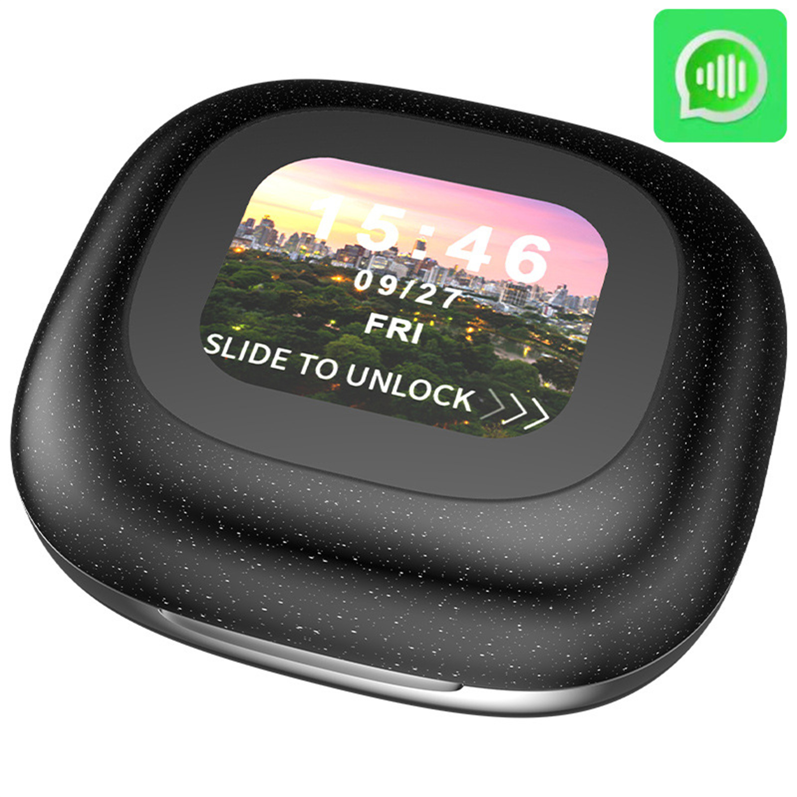 Schwarze Smartwatch mit Anzeige von Uhrzeit, Datum und Stadtlandschaft. Grünes App-Symbol.